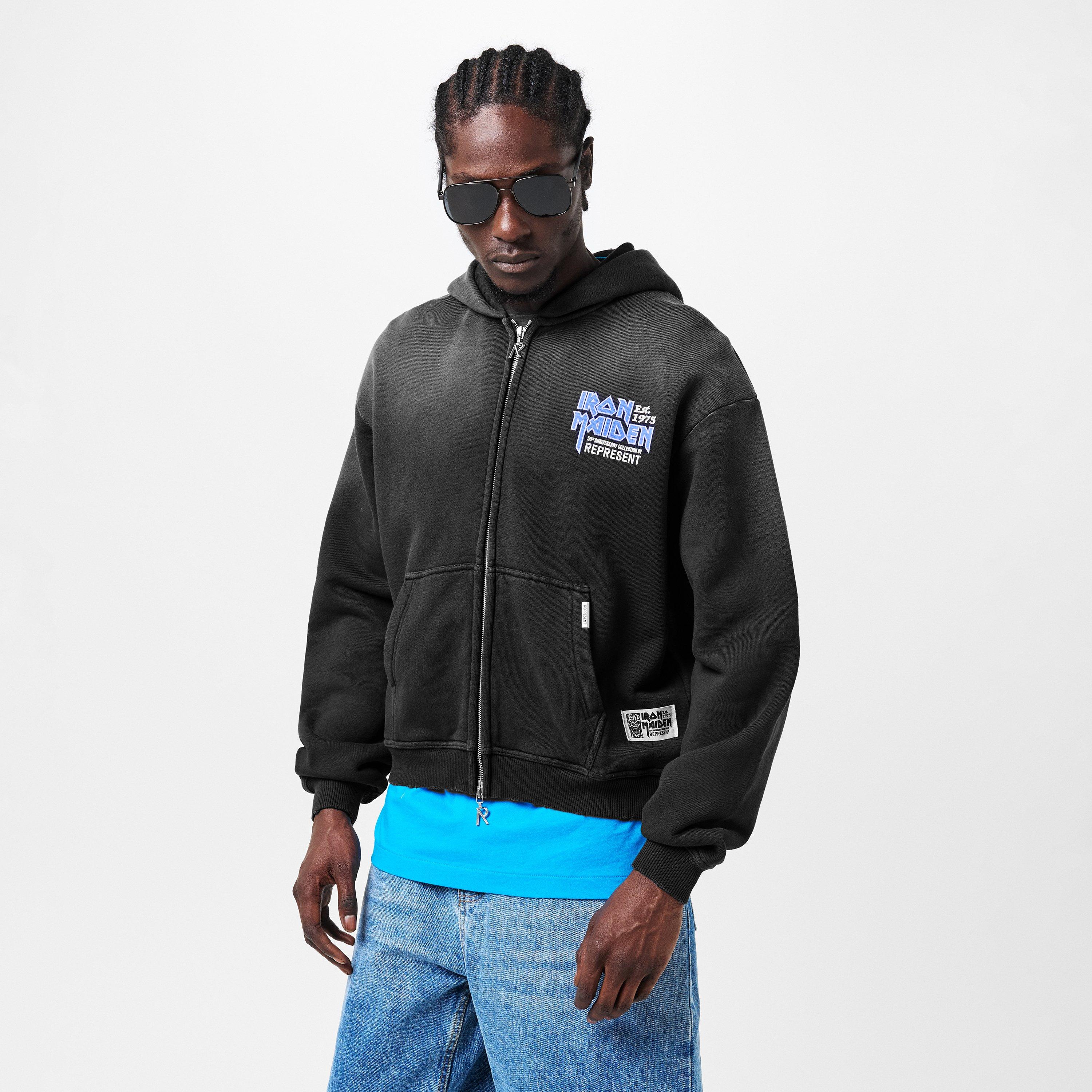 Stained Black - Represent - Men's x Iron Maiden Anniversary Zip-Up Hoodie, Bold Chest Logo Print - 3