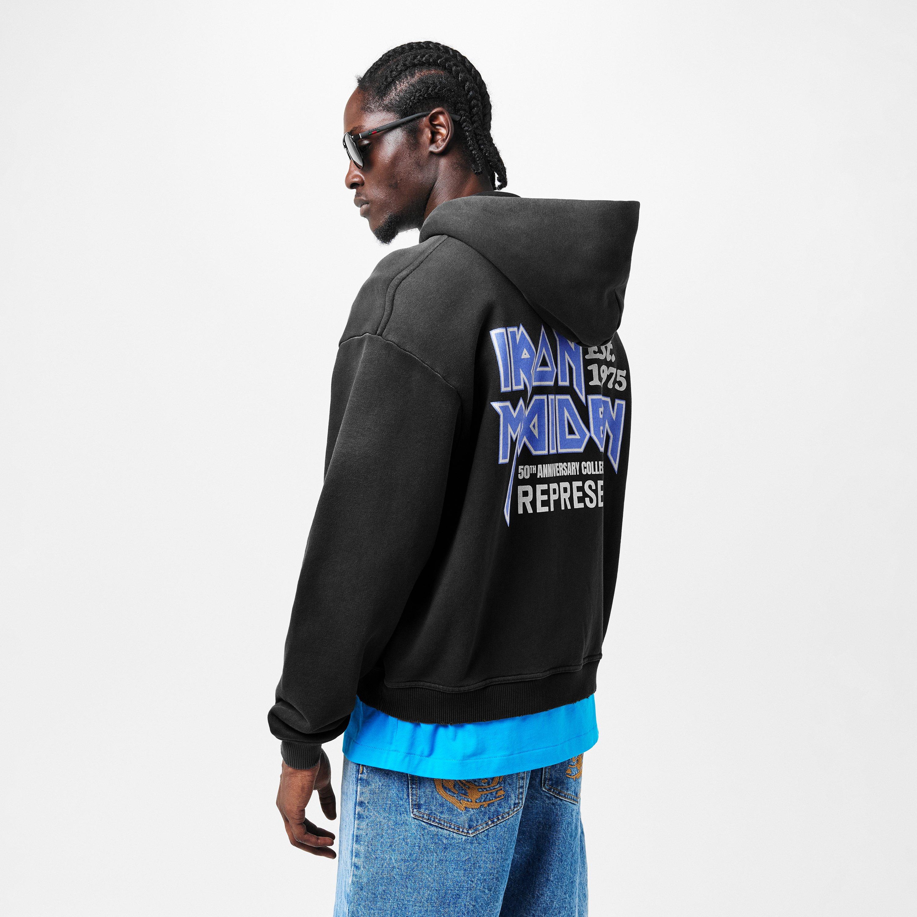 Stained Black - Represent - Men's x Iron Maiden Anniversary Zip-Up Hoodie, Bold Chest Logo Print - 4