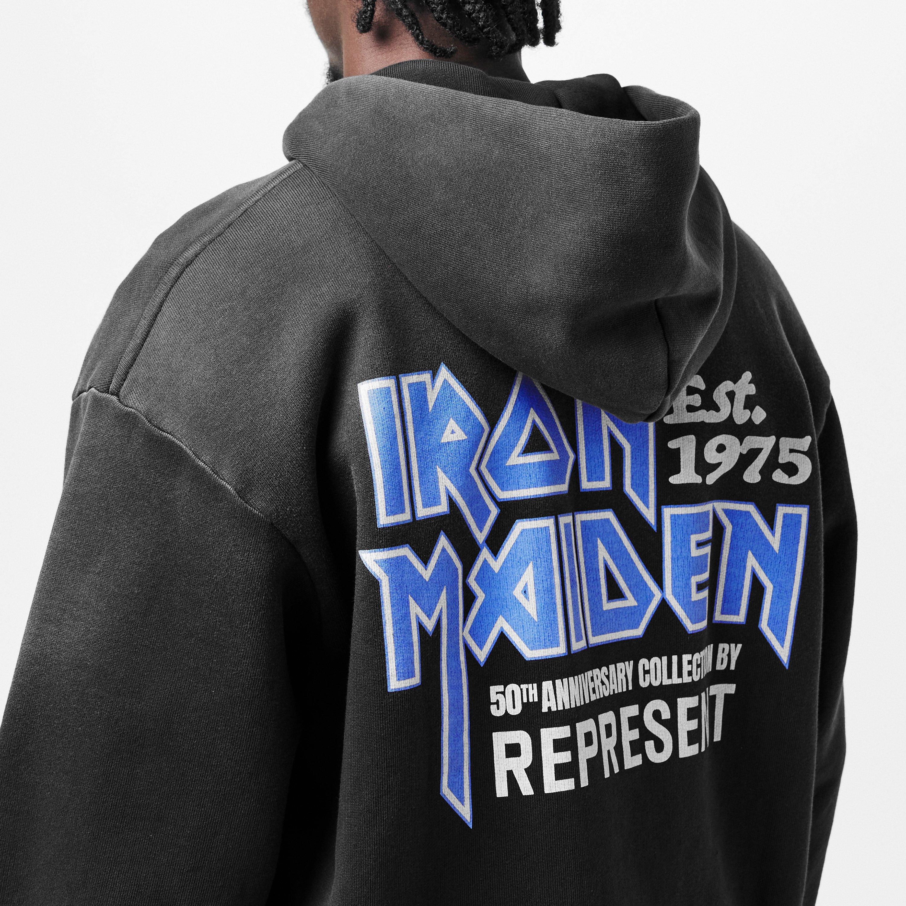 Stained Black - Represent - Men's x Iron Maiden Anniversary Zip-Up Hoodie, Bold Chest Logo Print - 5