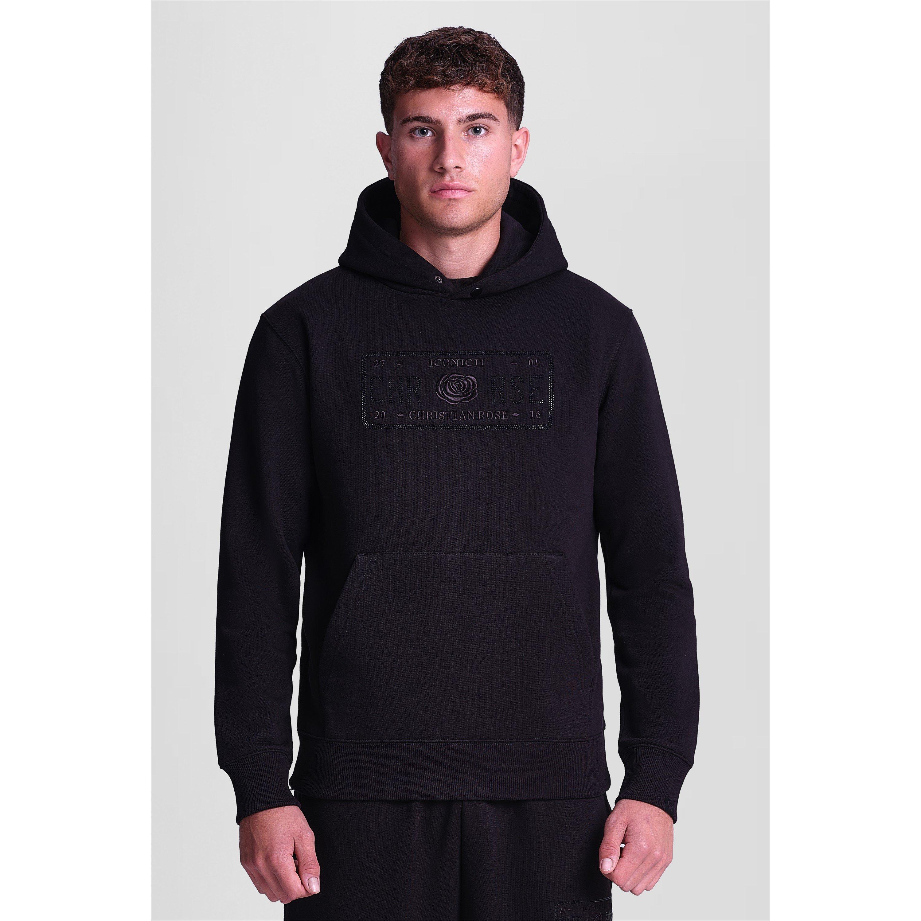 Black - Christian Rose - Men's Big Chest Rhinestone Plate Over the Head Oversized-Fit Hoodie - 3