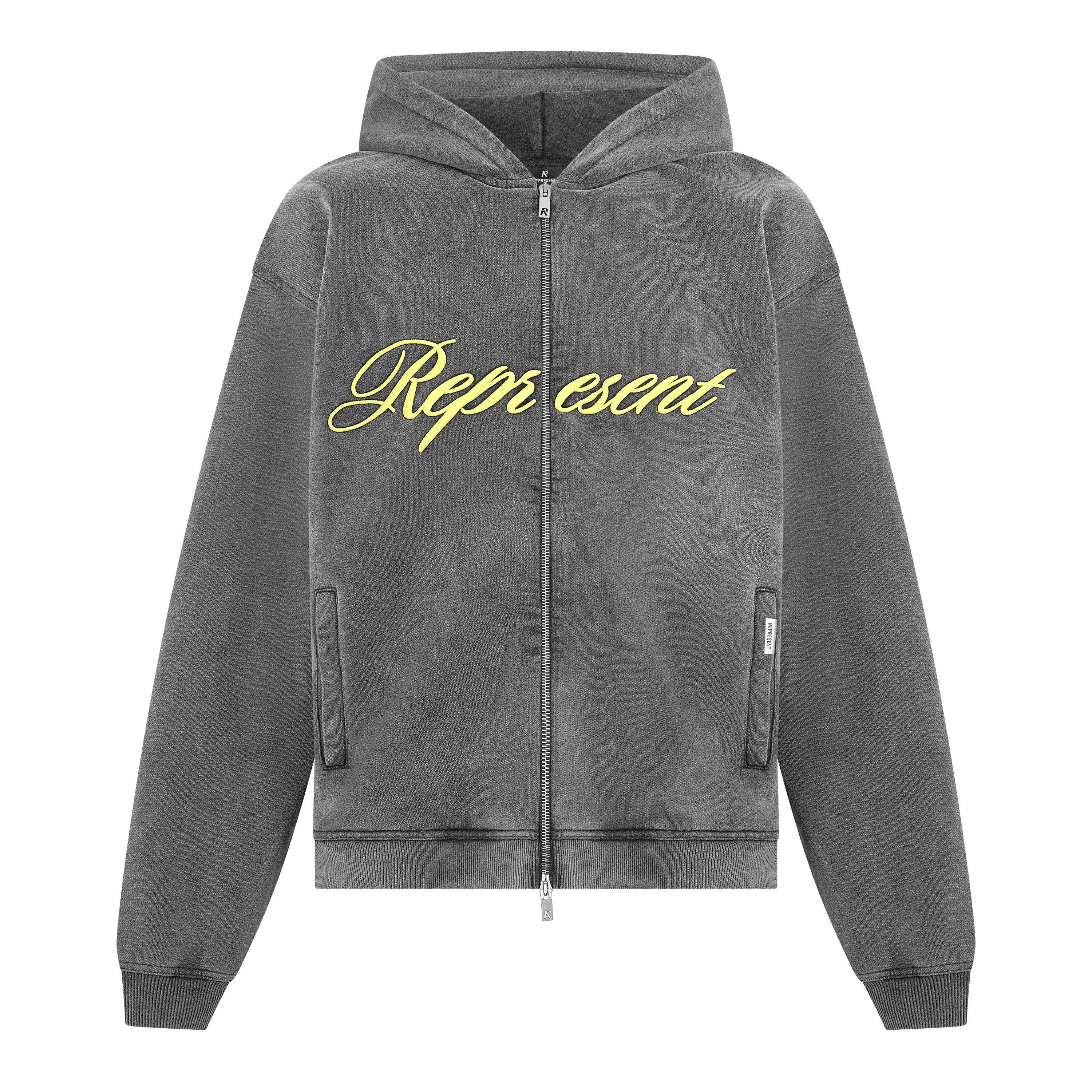 Vintage Grey - Represent - Men's Rep Script Logo Zipped Hoodie, Soft Cotton - 1