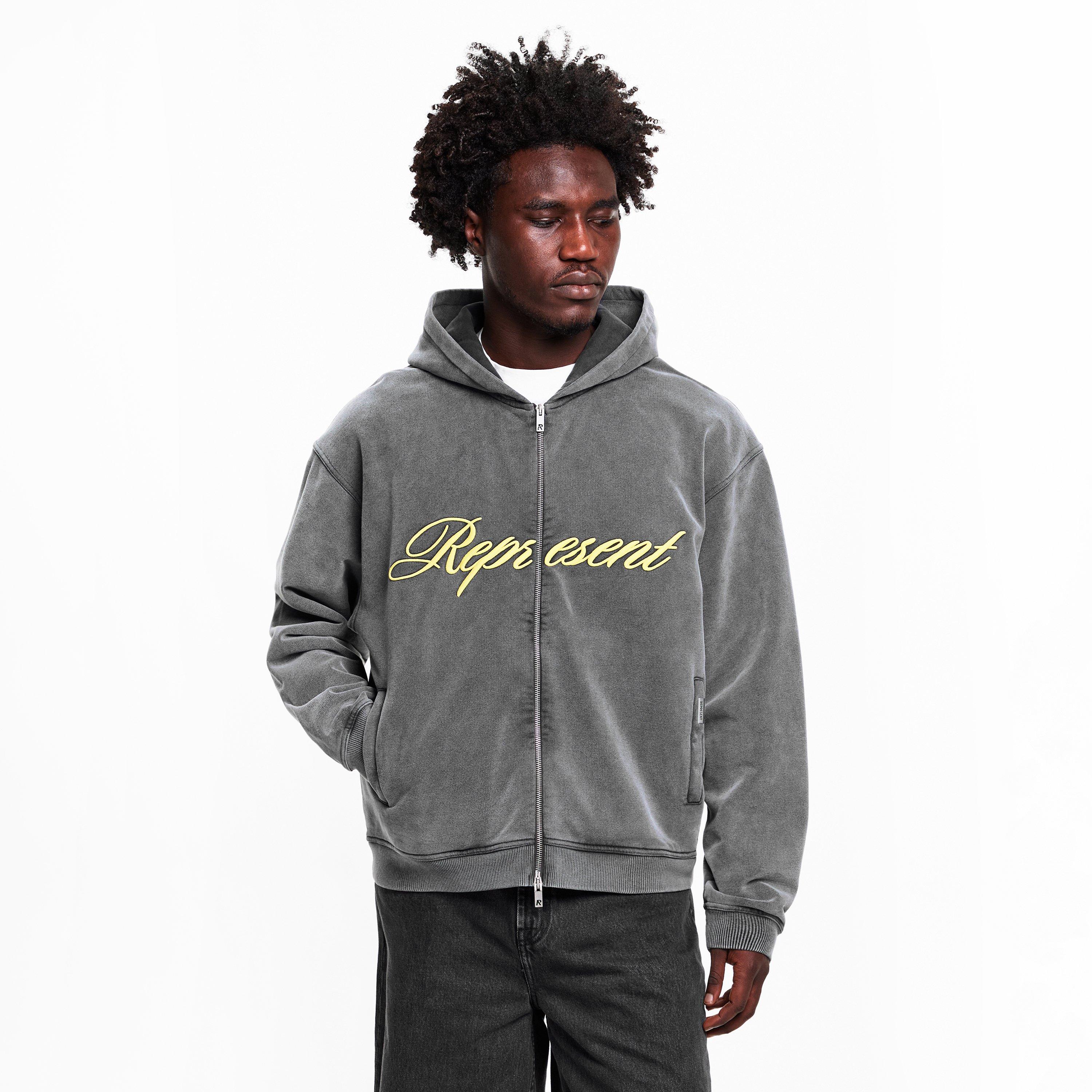 Vintage Grey - Represent - Men's Rep Script Logo Zipped Hoodie, Soft Cotton - 3