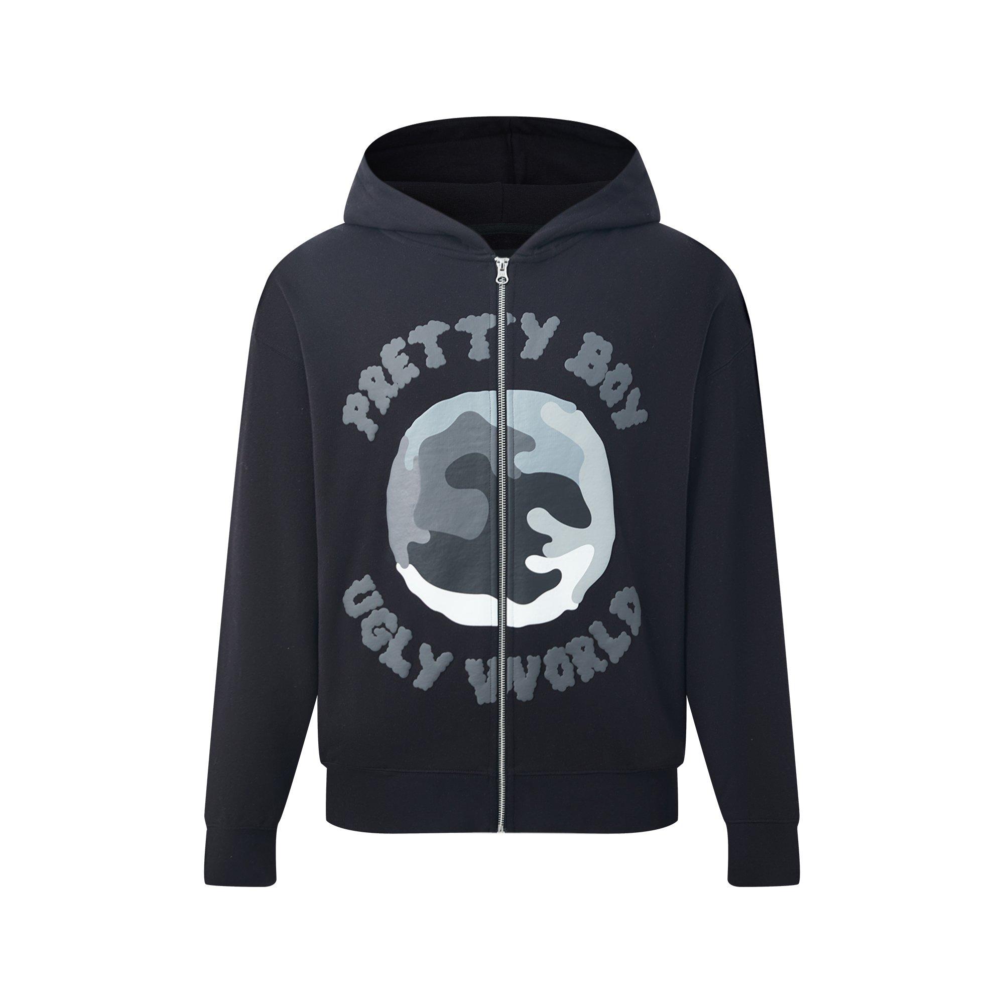 Black/Grey - Pretty Boy Ugly World - The Pretty Boy Ugly World Cotton Long Sleeve Oversized Fit Zip Hoodie Mens - 1