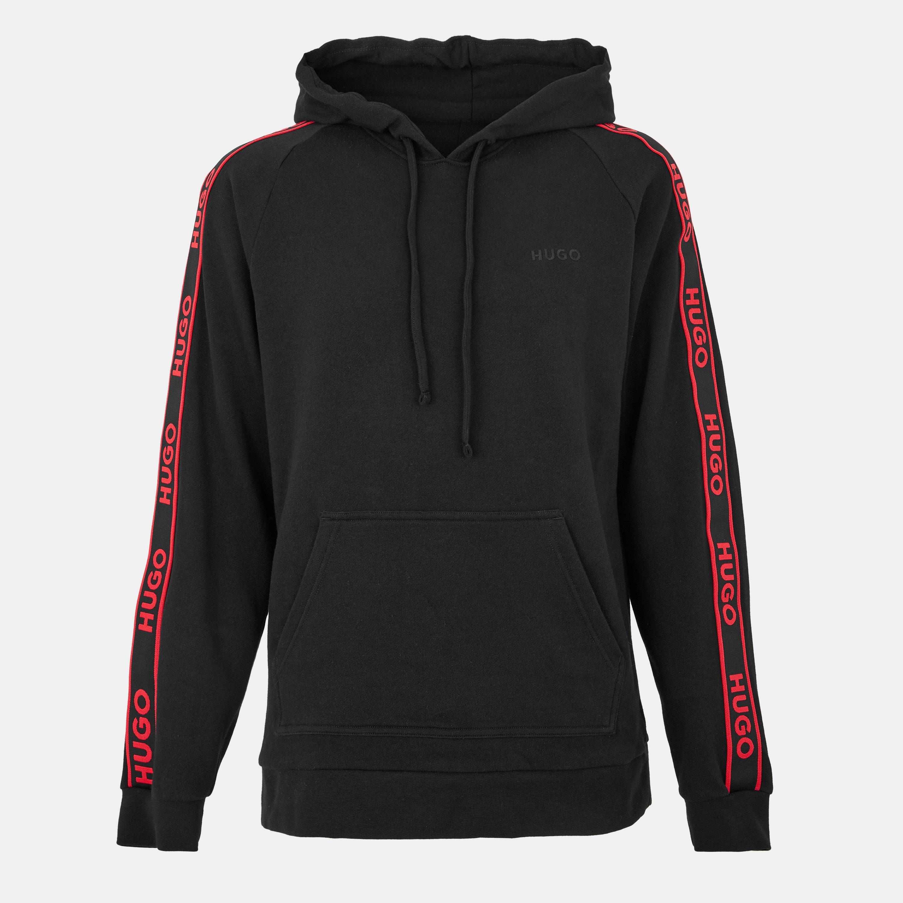 Black - Hugo - Mens HUGO Bodywear Liam Soft Cotton Pullover Hoodie with Logo Tape Detail - Natural Fabric - 1
