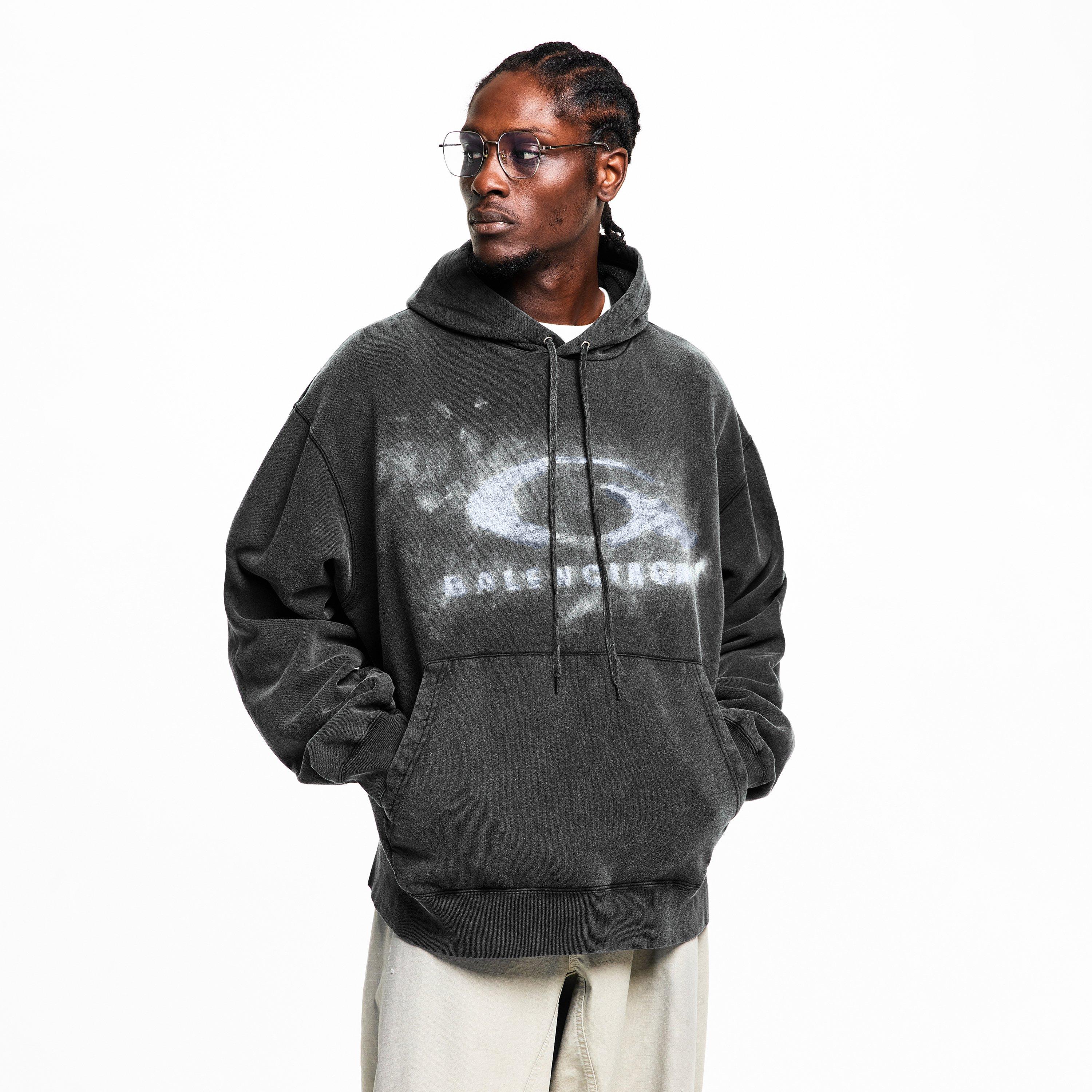 Black/White - Balenciaga - Men's Bal Washed Logo Pull Over Hoodie - 3