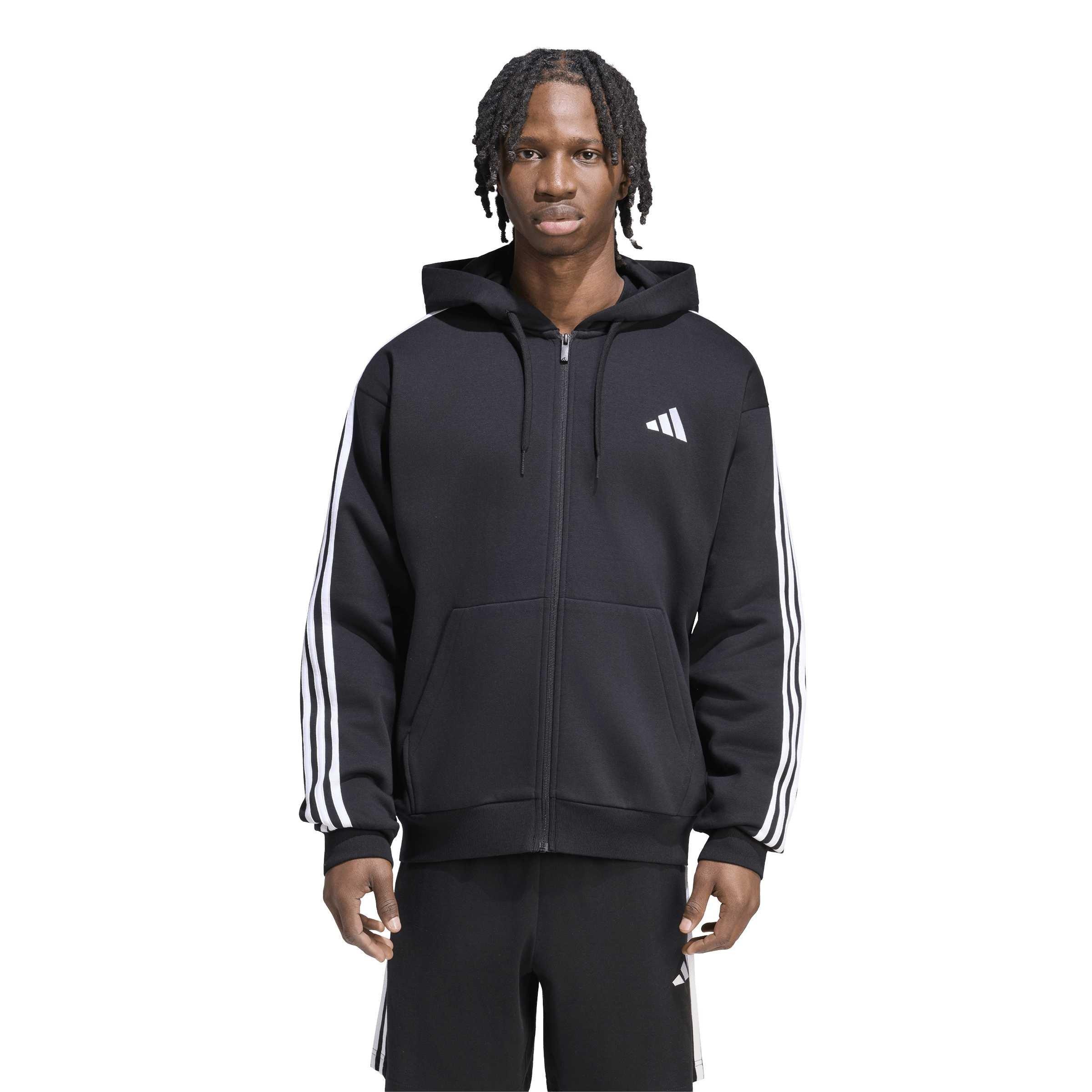 Black/White - adidas - Essentials Fleece 3-Stripes Full-Zip Hoodie Mens - 3