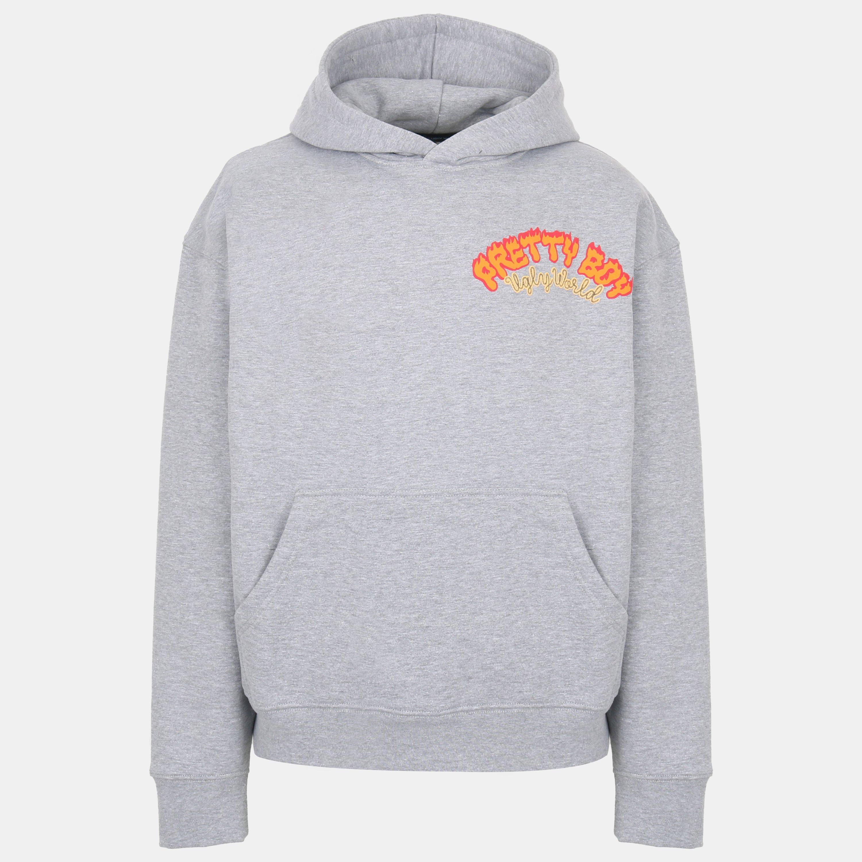 Pretty Boy Ugly World Men's Fire Cotton Long Sleeve Oversized Fit Hoodie - Grey/World - Medium