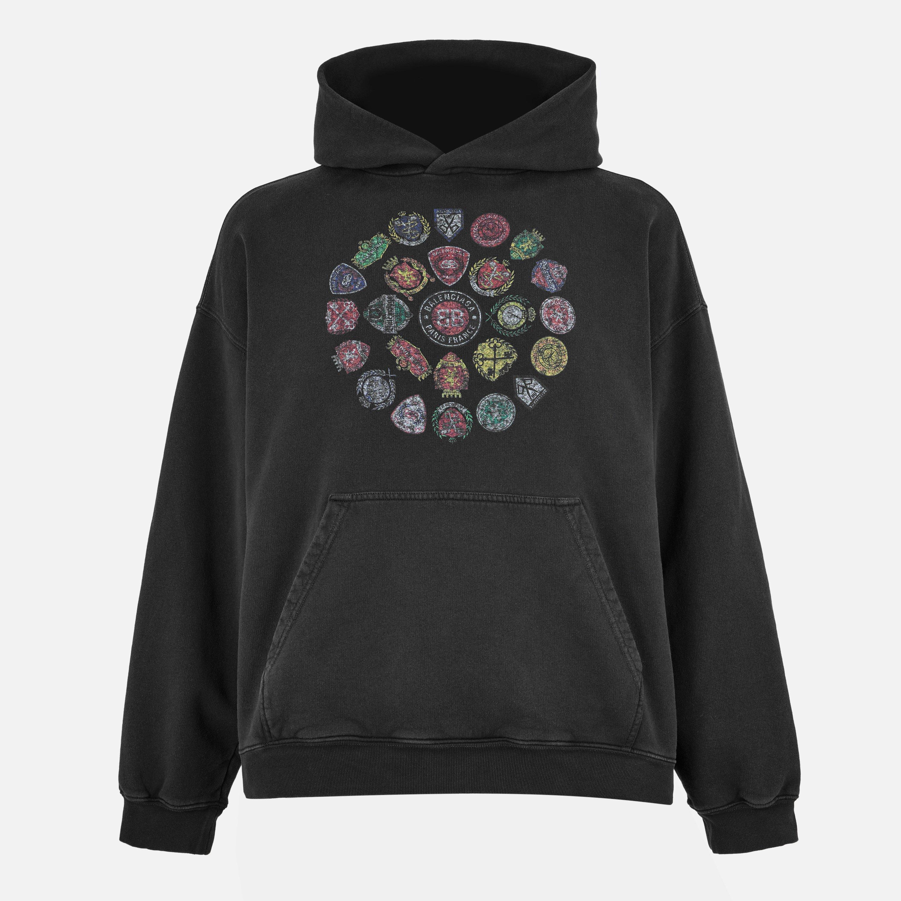 Balenciaga Men's Spiral Crest Pull Over Hoodie - Faded Wash Blk - S