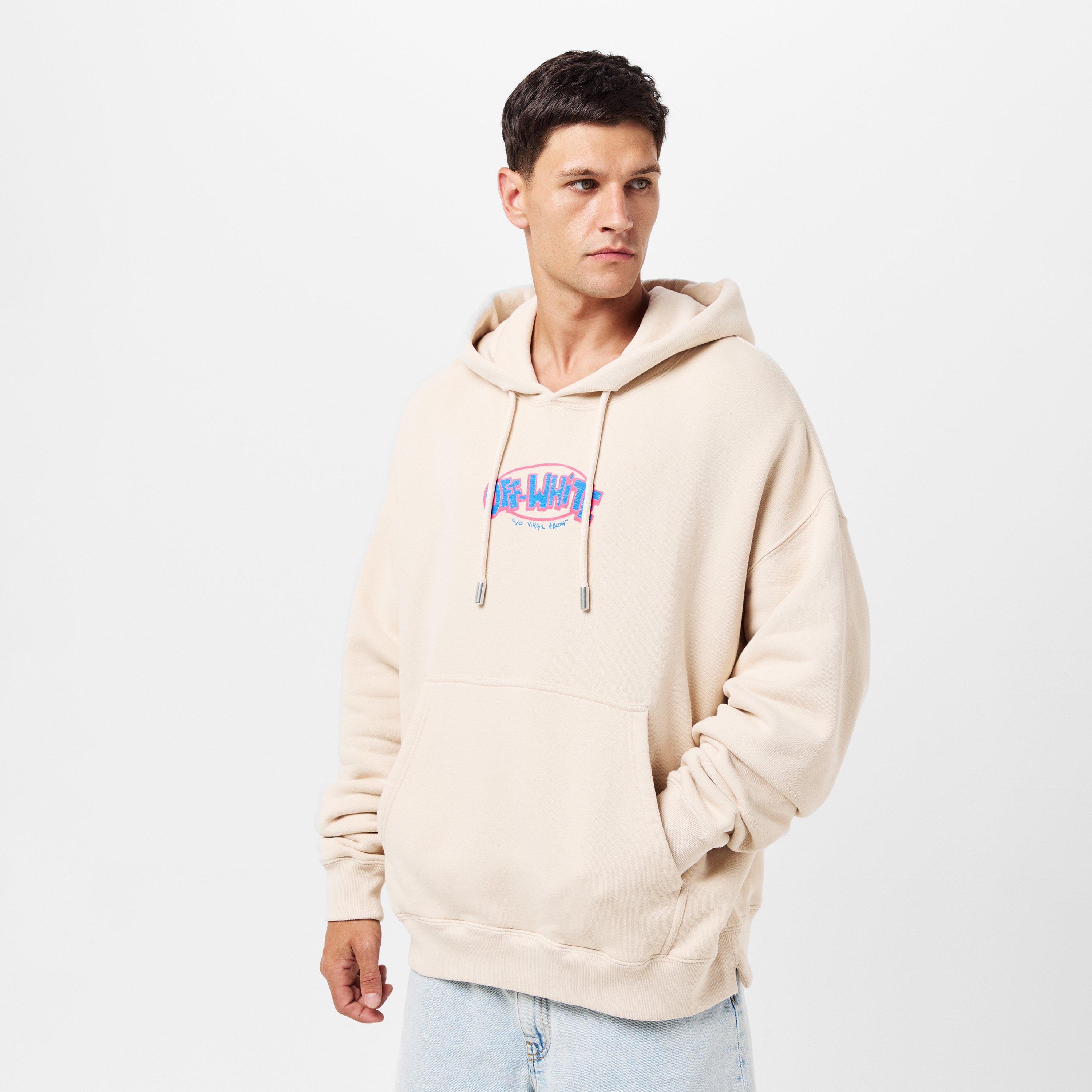 Beige/Blue - Off White - Men's Sketch Doodle-Style Logo Hoodie - 3