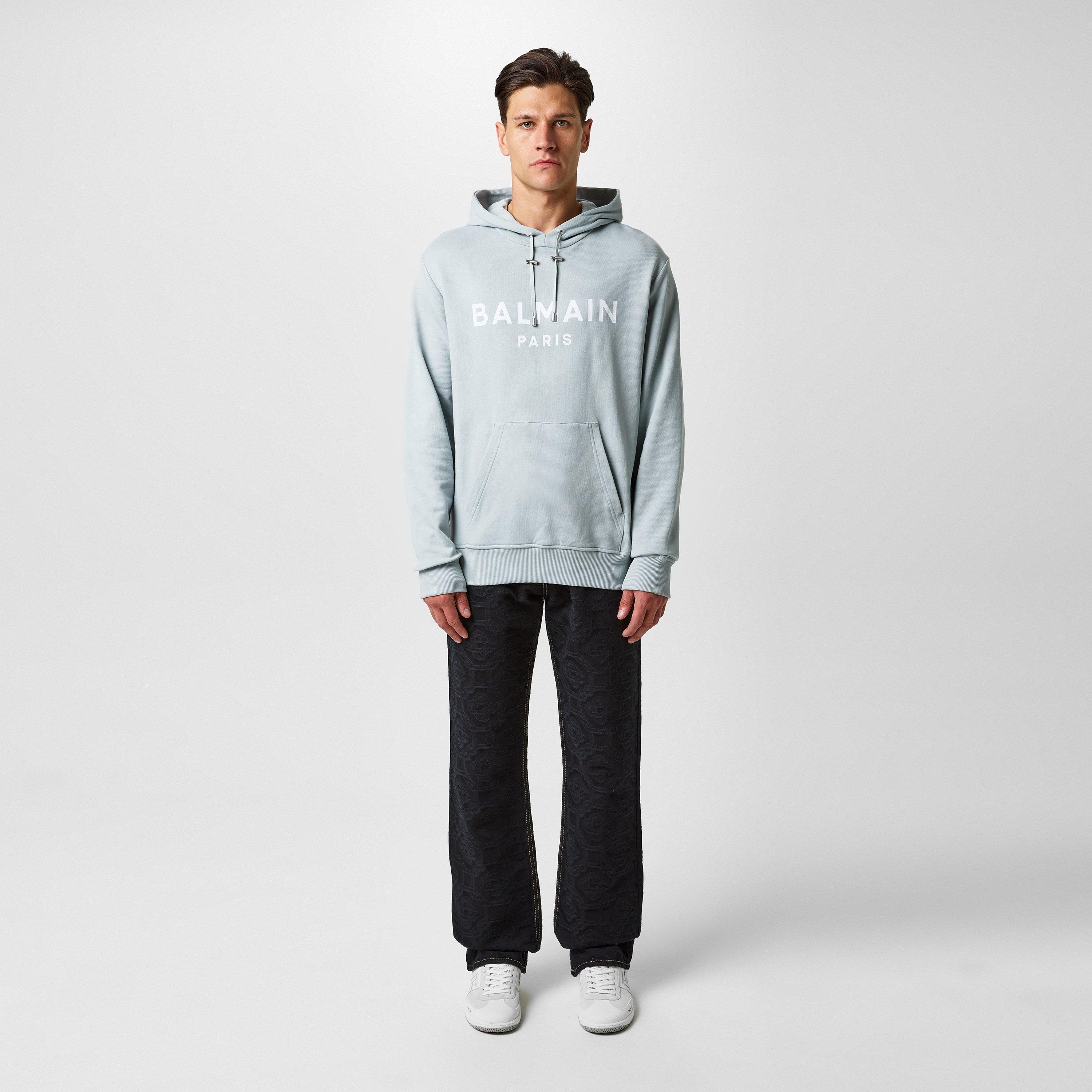 Grey/White - Balmain - Men's Logo Cotton Printed Hoodie - 4