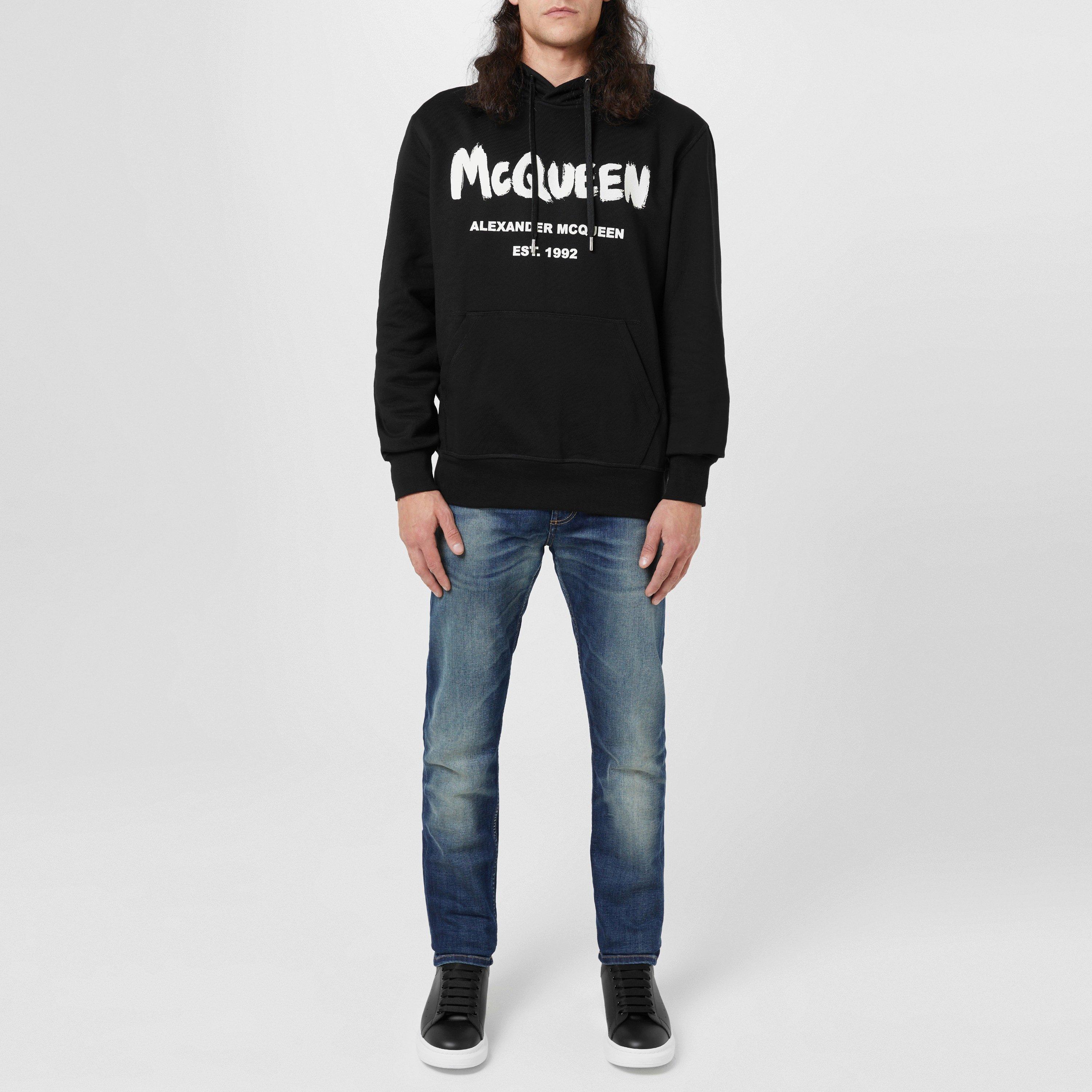 ★Alexander McQUEEN★ロゴ フード Logo hood ブルー 688715QTZ8 Alexander McQueen - Logo-Print Cotton-Jersey Hoodie - Gray