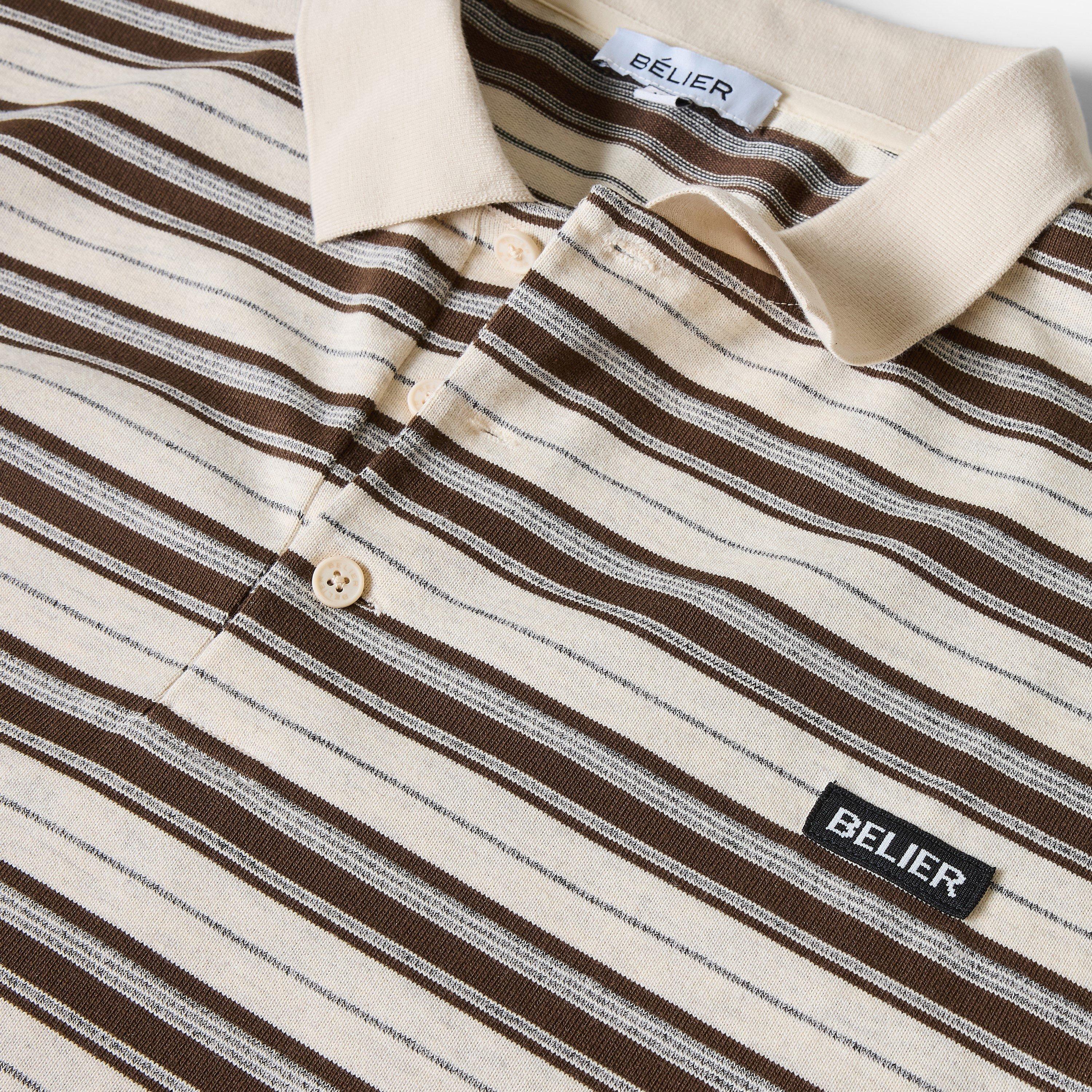 Ecru/Brown - BELIER - Men's Stripe Long Sleeve Rugby Polo Shirt - 3