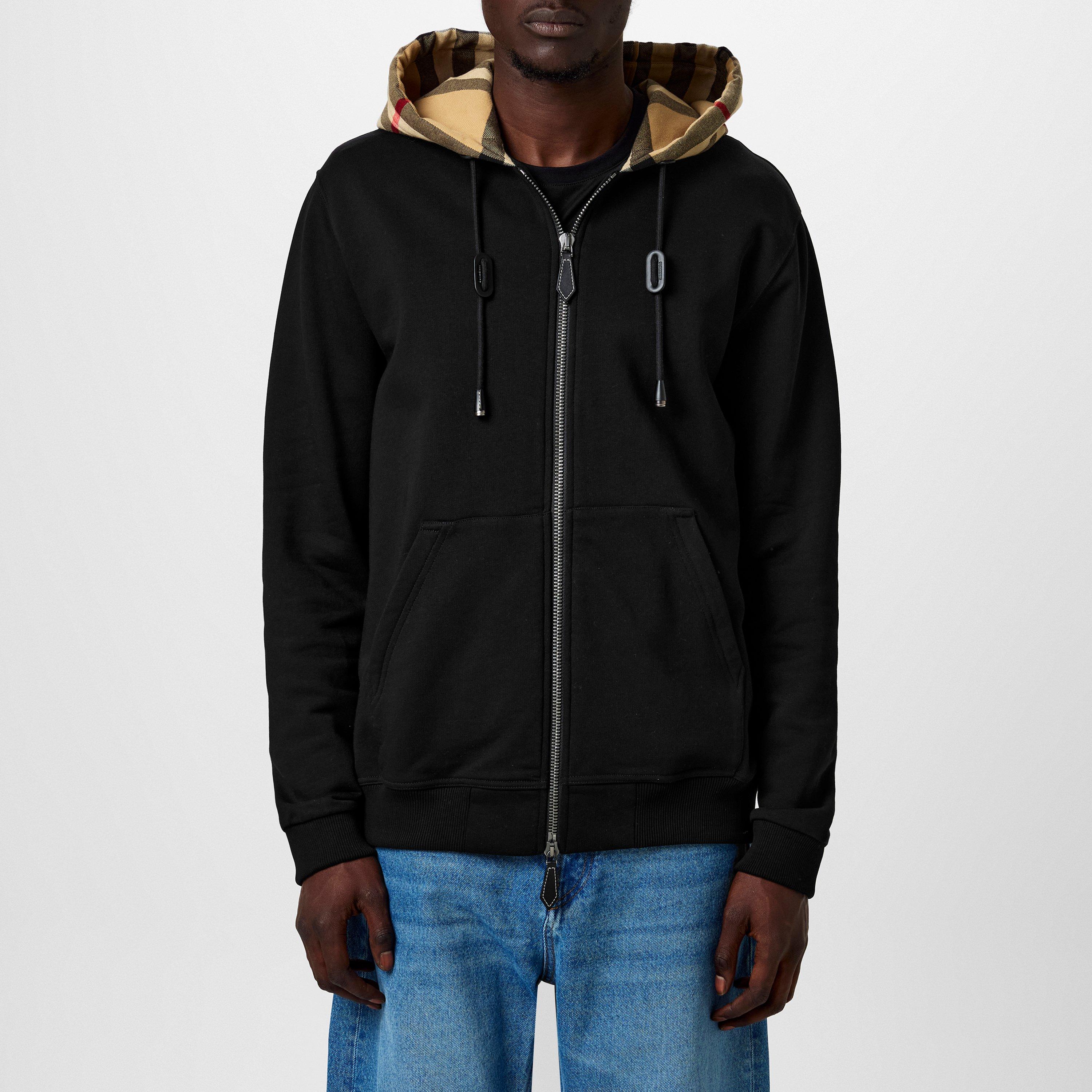 【BURBERRY】Check Hood Cotton Relax Fit Zip-Up Hoodie Check Hood Cotton Zip Hoodie in Black - Women | Burberry