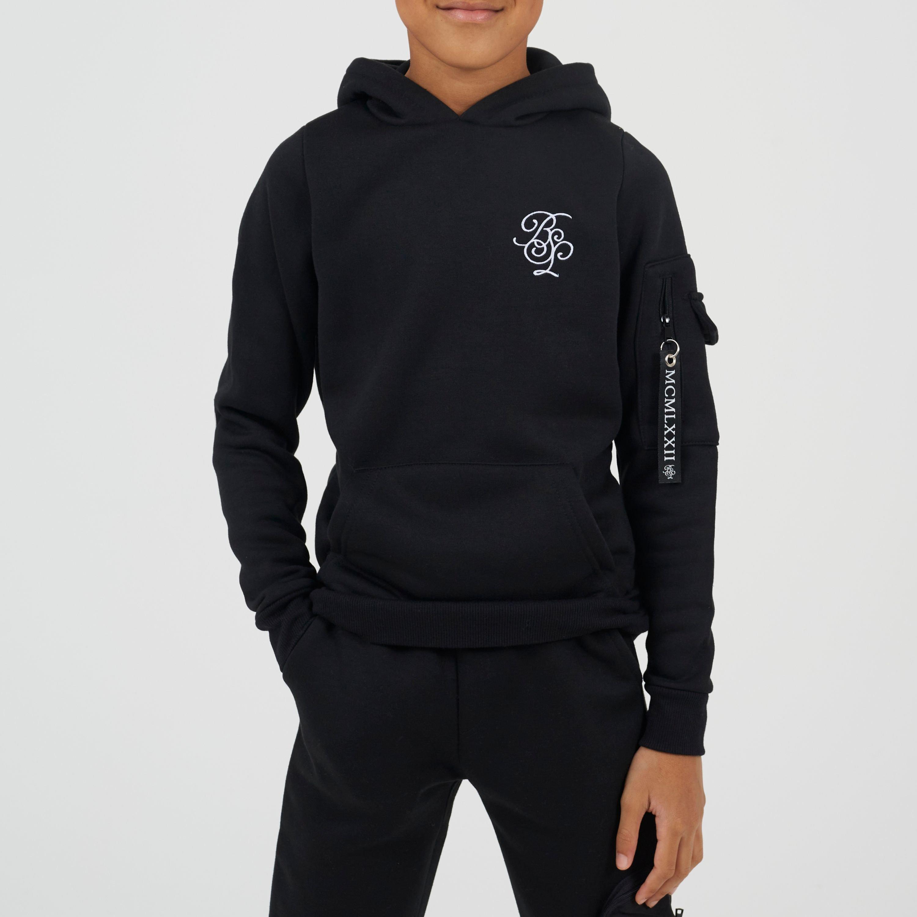 Black/White - Brave Soul - Boys Pull Over Hoodie with Chest Embroidery and Sleeve Pocket - 1
