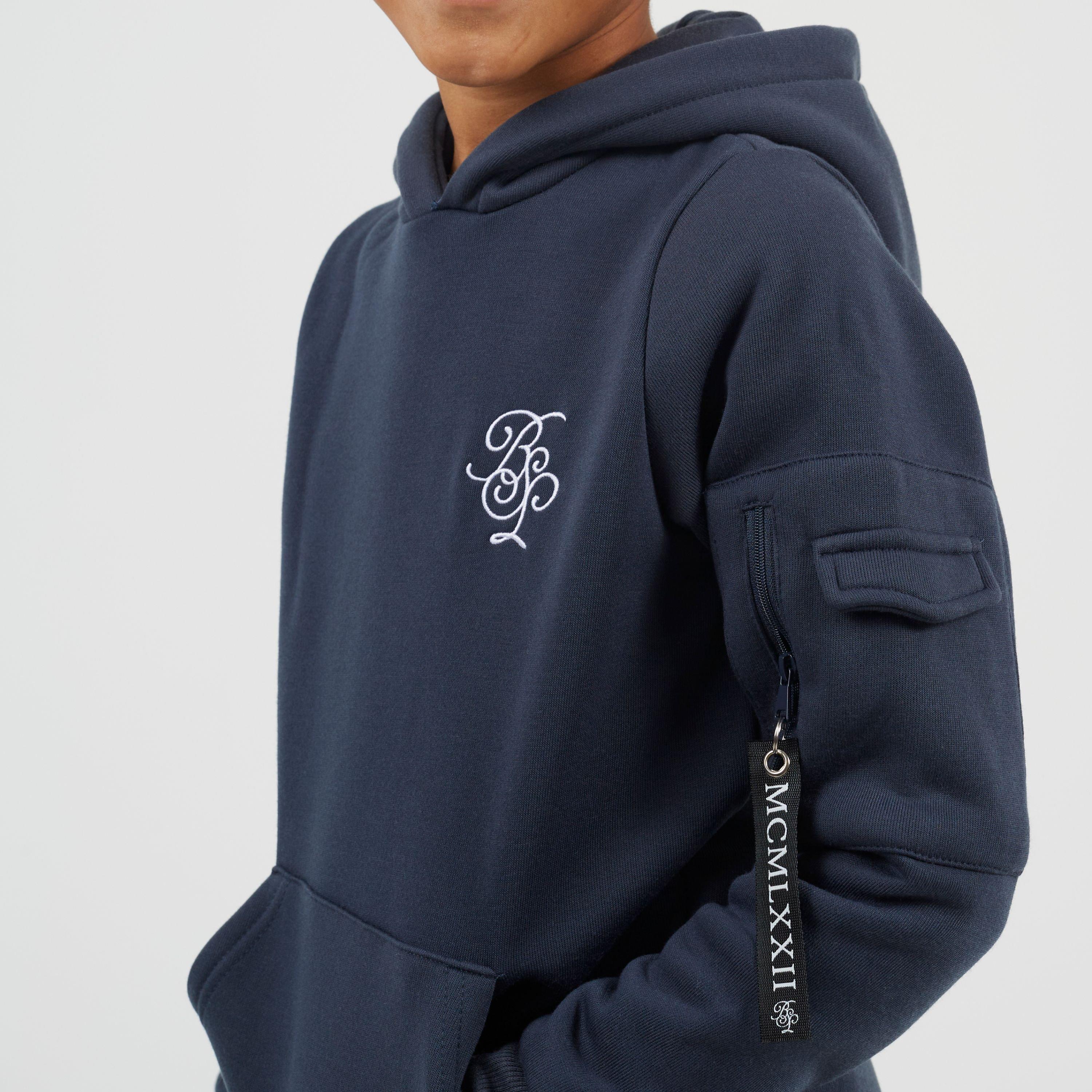 Blue/White - Brave Soul - Boys Pull Over Hoodie with Chest Embroidery and Sleeve Pocket - 3