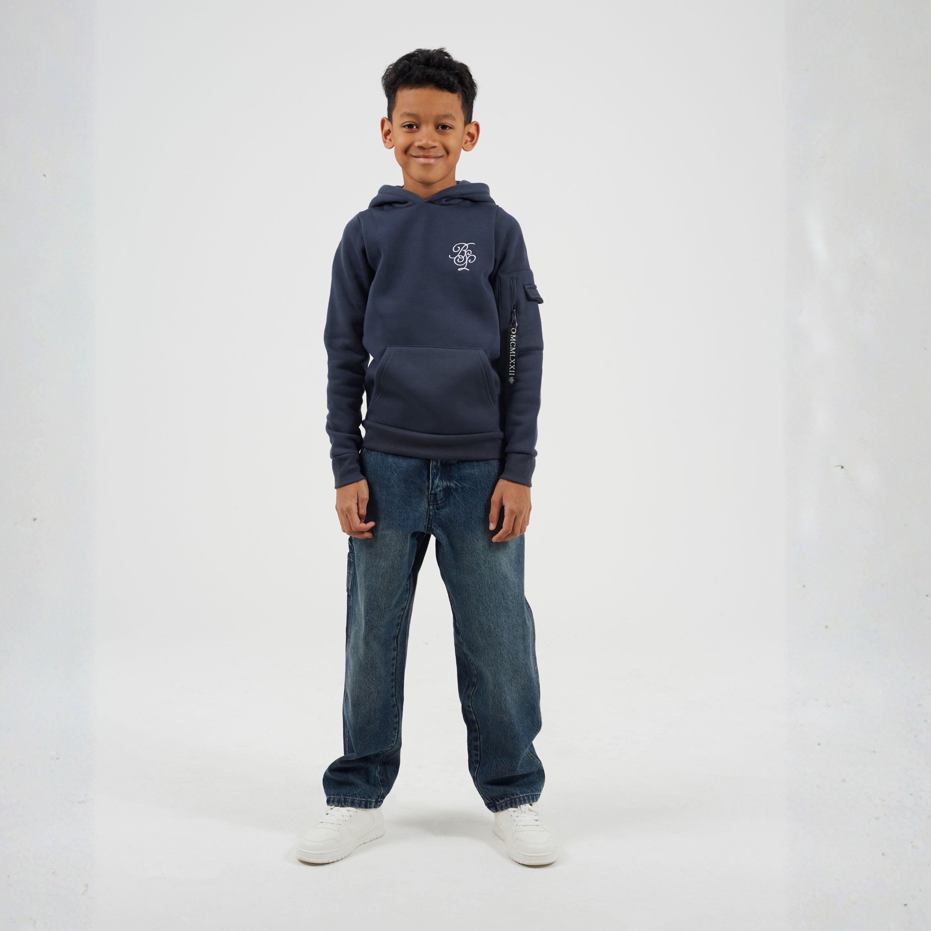 Blue/White - Brave Soul - Boys Pull Over Hoodie with Chest Embroidery and Sleeve Pocket - 4