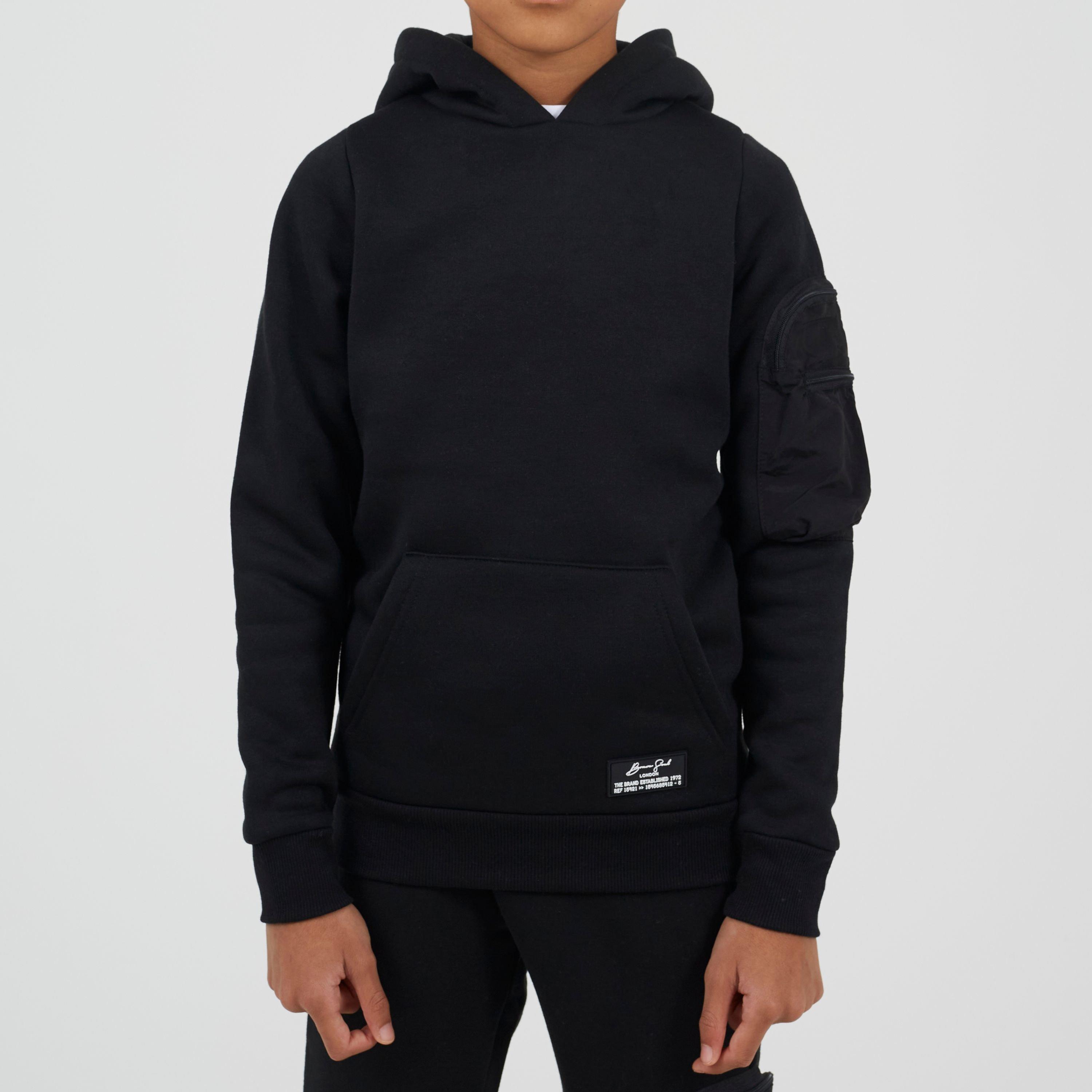 Black - Brave Soul - Boys Pull Over Hoodie with Zip Sleeve Pocket and Kangaroo Pocket Label Detail - 1