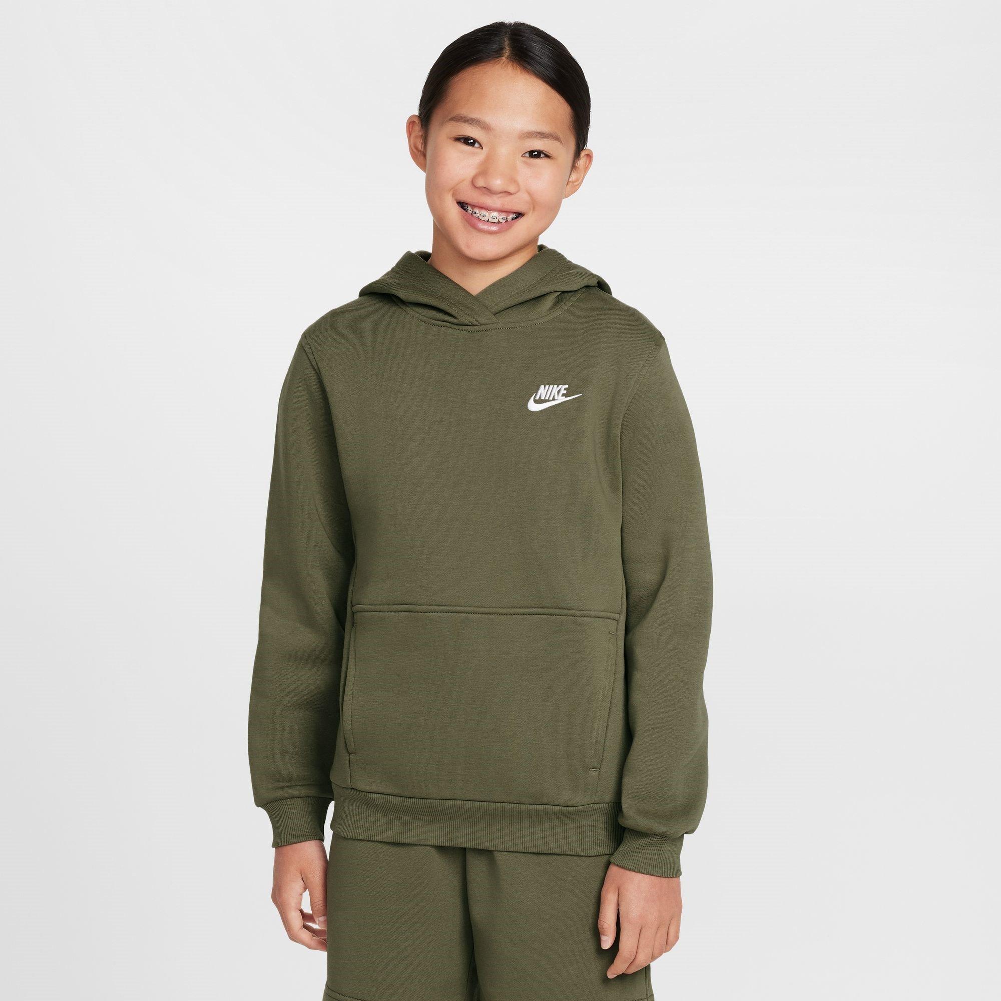 MEDIUM OLIVE/WH - Nike - Sportswear Club Fleece Big Kids' Pullover Hoodie - 4
