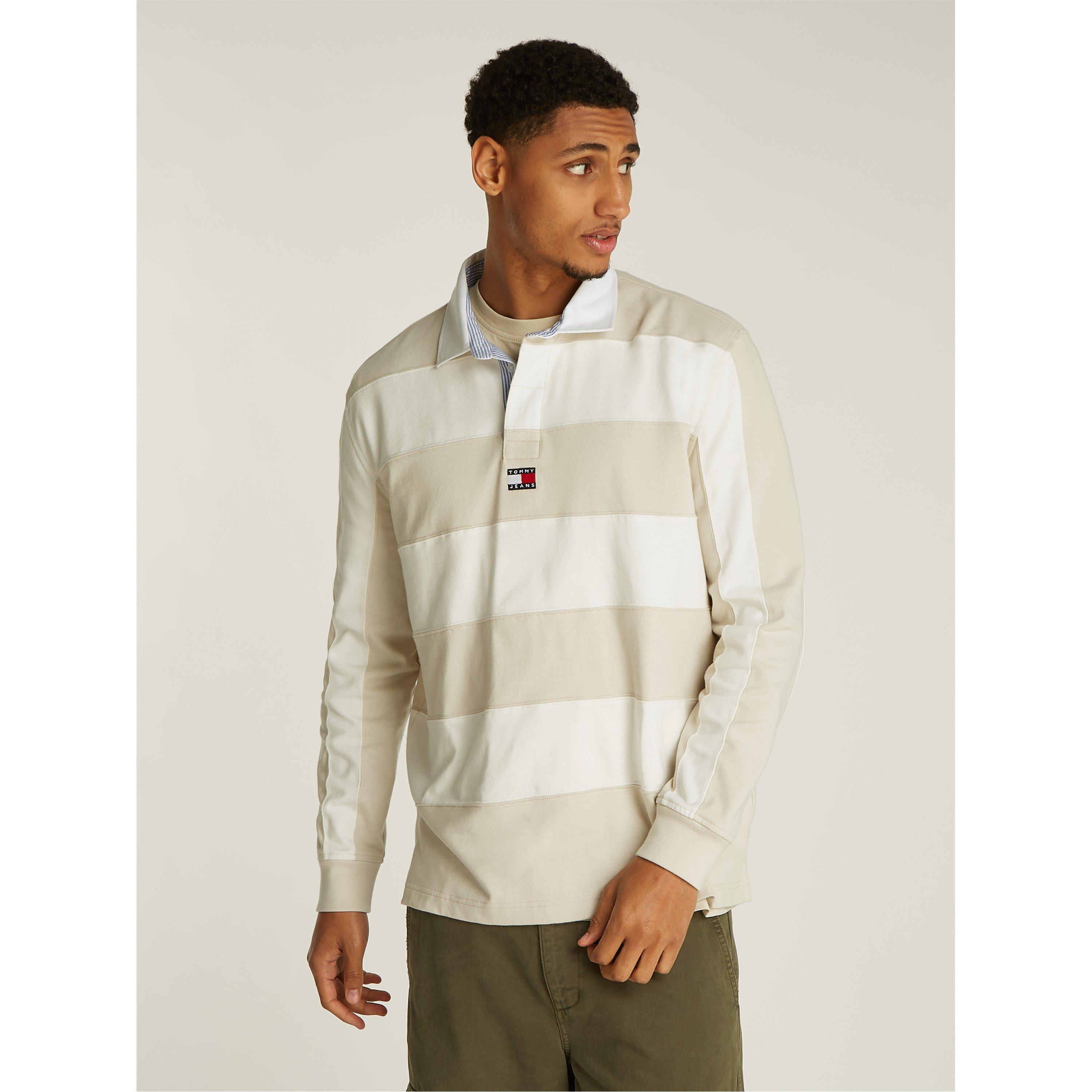 Zeitungspapier/Weiß - Tommy Jeans - Men's Entry Stripe Badge Long-Sleeve Rugby Polo Shirt - 3