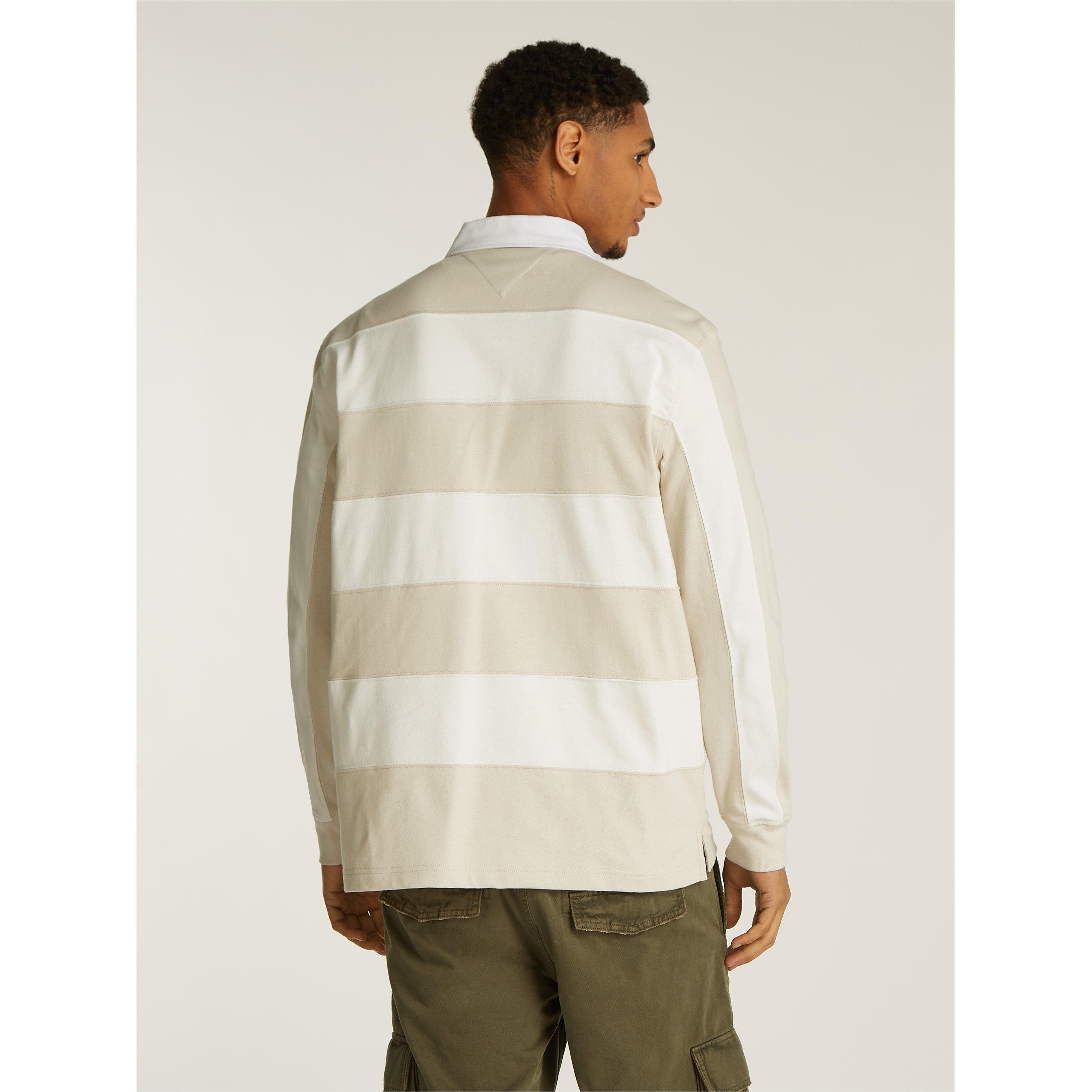 Zeitungspapier/Weiß - Tommy Jeans - Men's Entry Stripe Badge Long-Sleeve Rugby Polo Shirt - 4