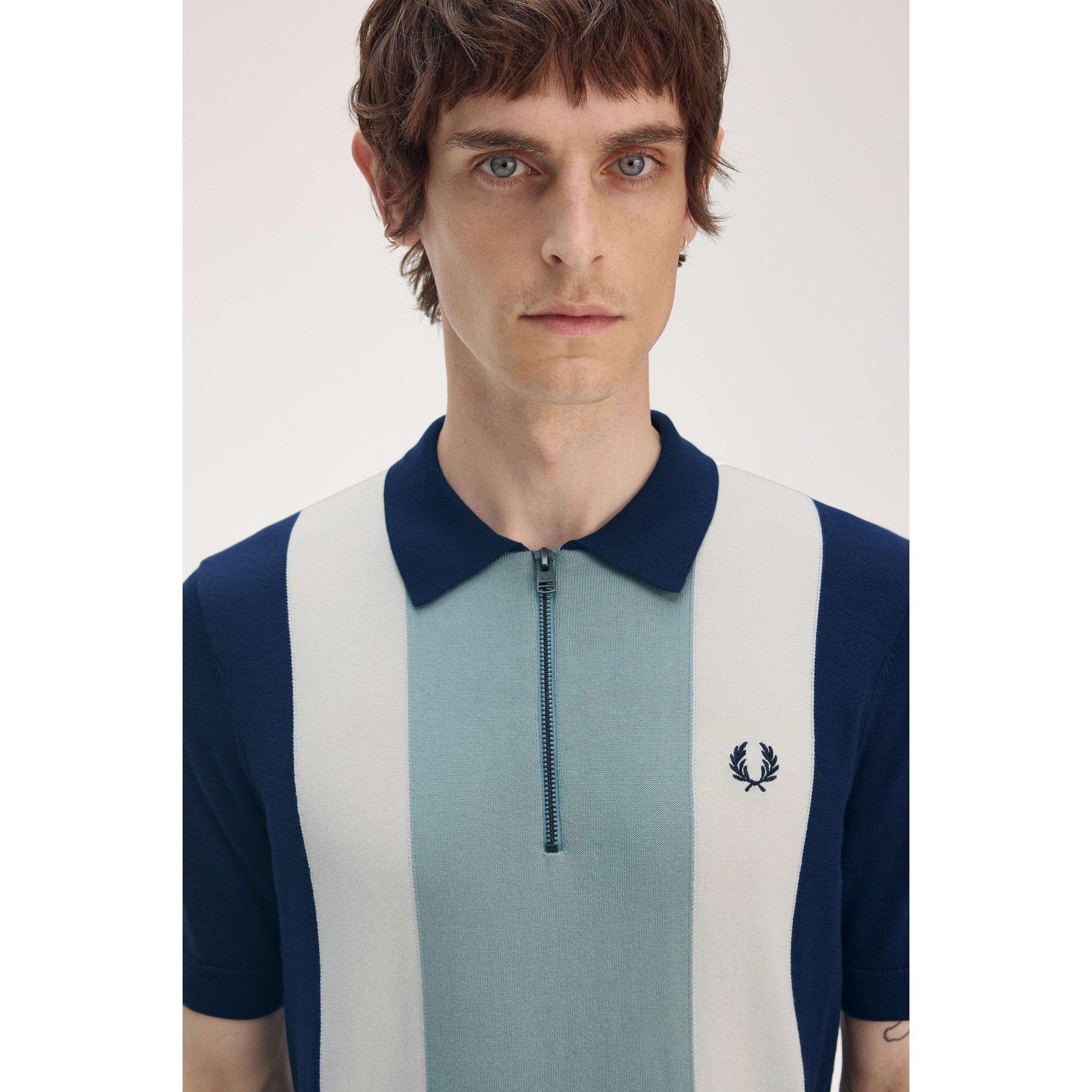 Tennis Blue Y90 - Fred Perry - Men's Vertical Stripe Zipped Short-Sleeve Polo Shirt - 2