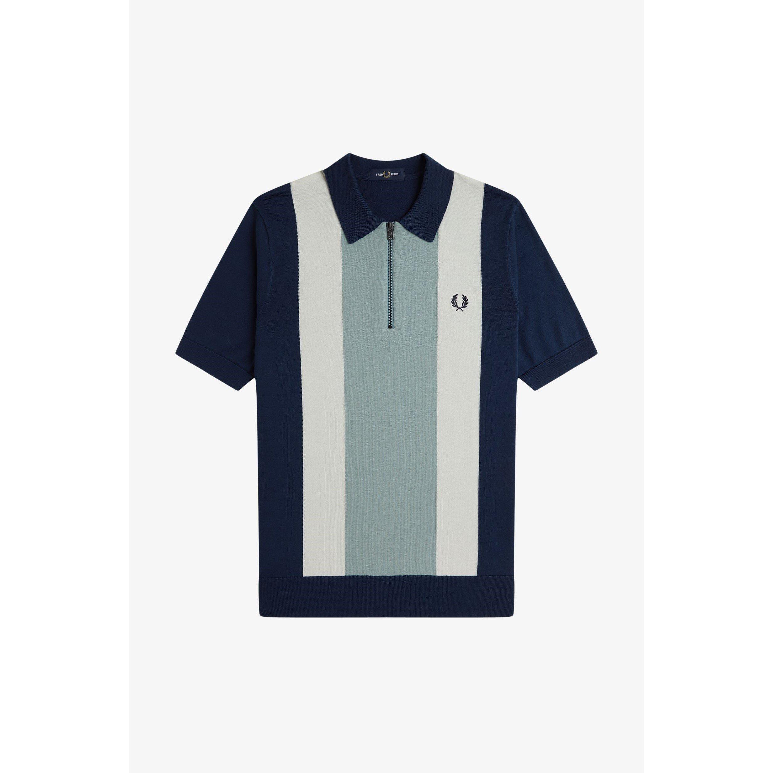 Tennis Blue Y90 - Fred Perry - Men's Vertical Stripe Zipped Short-Sleeve Polo Shirt - 3
