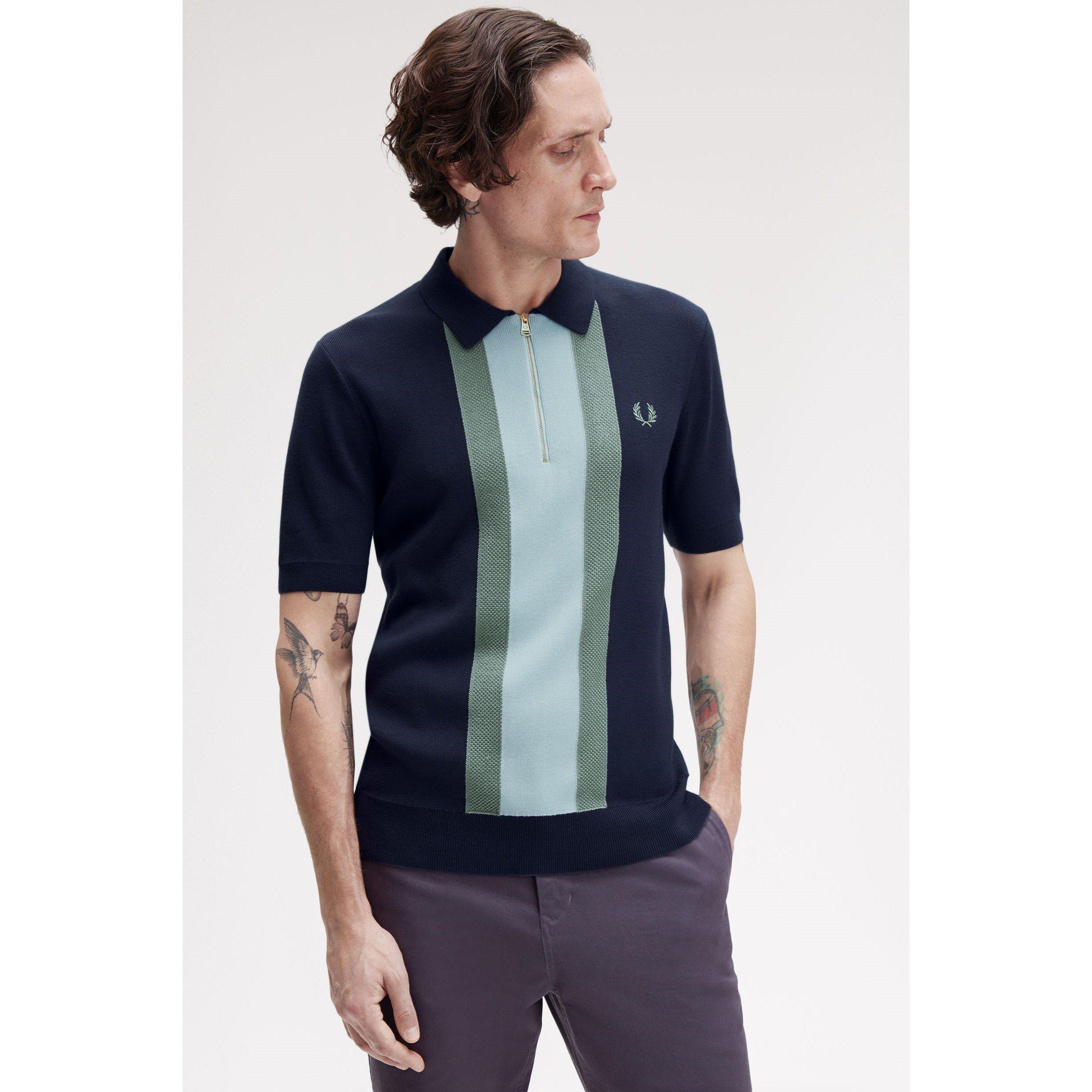 Dk Airforce 738 - Fred Perry - Men's Vertical Stripe Zipped Short-Sleeve Polo Shirt - 5