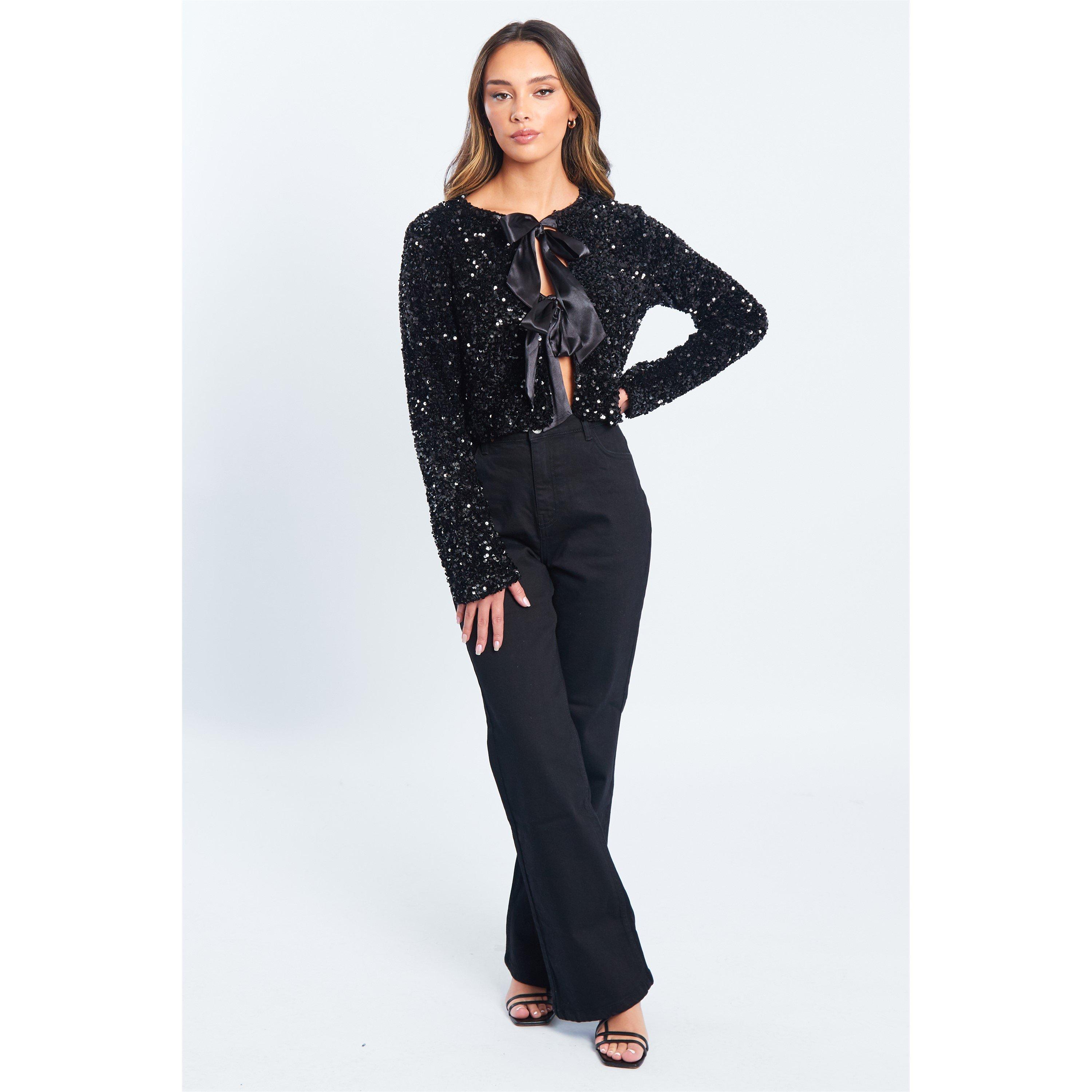 Black - Be You - Women's Sequin Bow Long-Sleeve Blouse - 2