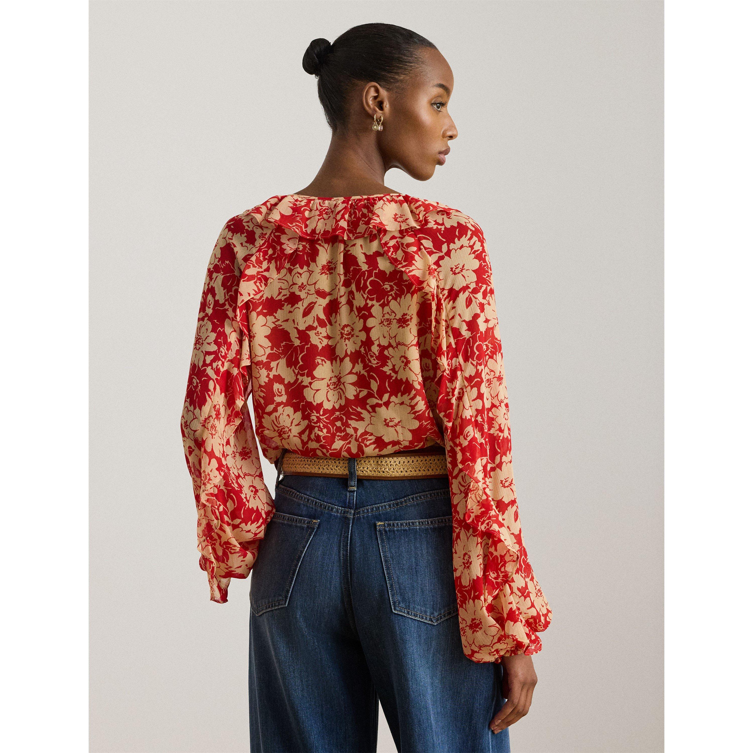 RED/TAN - Lauren by Ralph Lauren - Women's Long Sleeve Blouse - 4