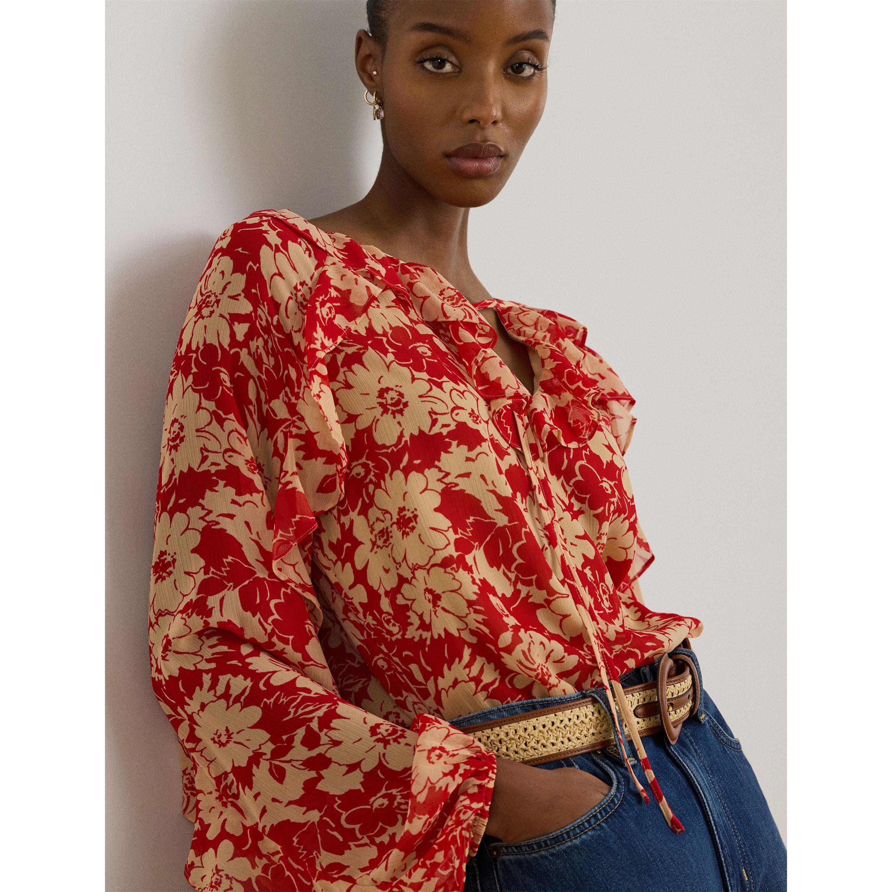 RED/TAN - Lauren by Ralph Lauren - Women's Long Sleeve Blouse - 5