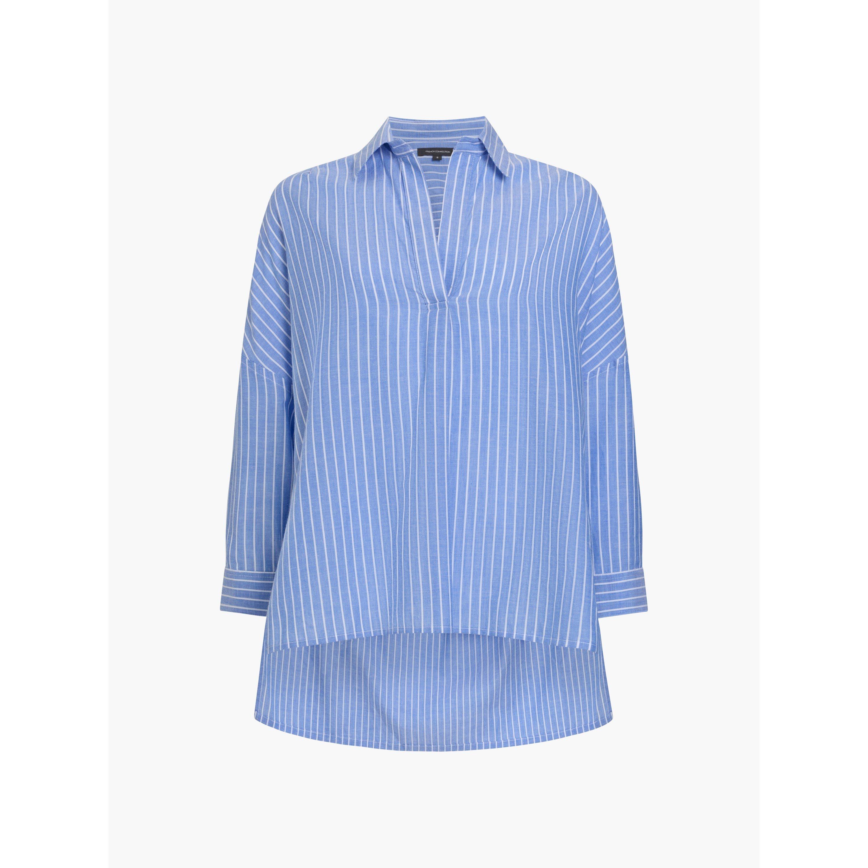 40-Blue/White - French Connection - Women's Rhodes Pop Cotton Long-Sleeve Oversized-Fit Blouse - 1