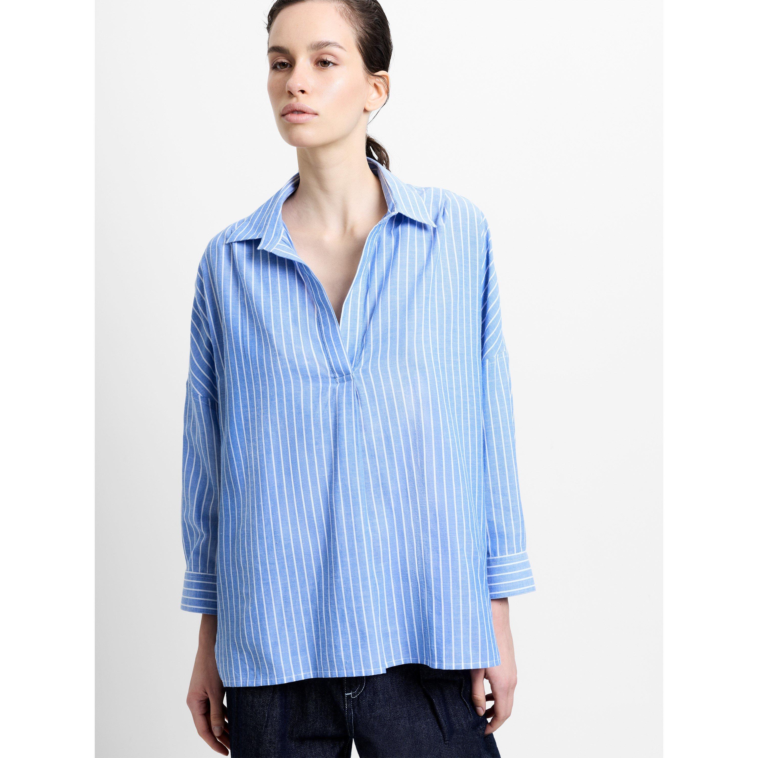 40-Blue/White - French Connection - Women's Rhodes Pop Cotton Long-Sleeve Oversized-Fit Blouse - 2