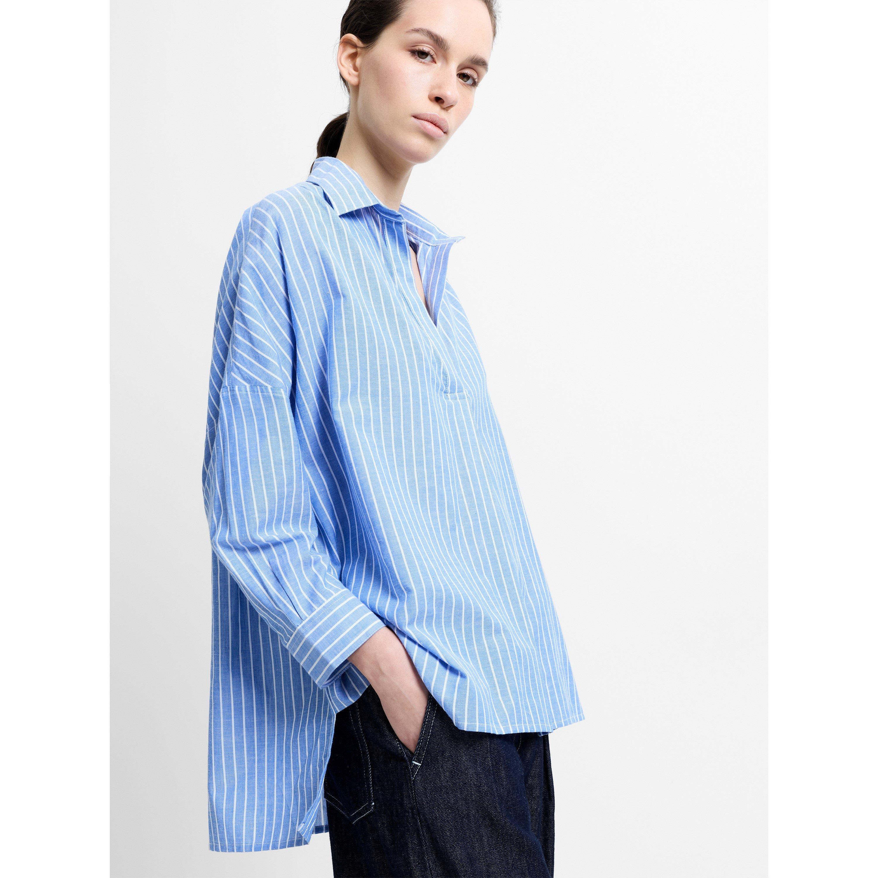 40-Blue/White - French Connection - Women's Rhodes Pop Cotton Long-Sleeve Oversized-Fit Blouse - 3