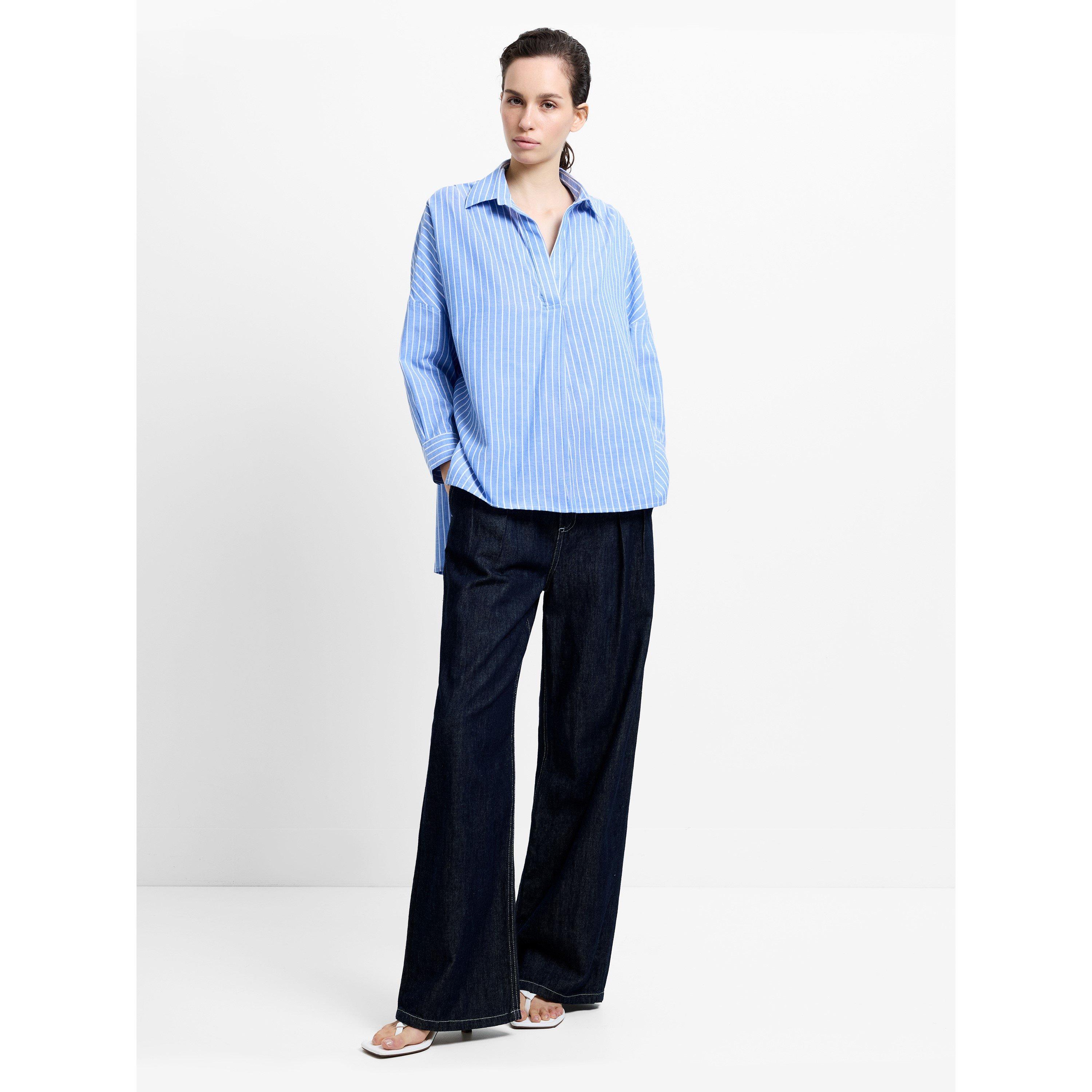 40-Blue/White - French Connection - Women's Rhodes Pop Cotton Long-Sleeve Oversized-Fit Blouse - 4