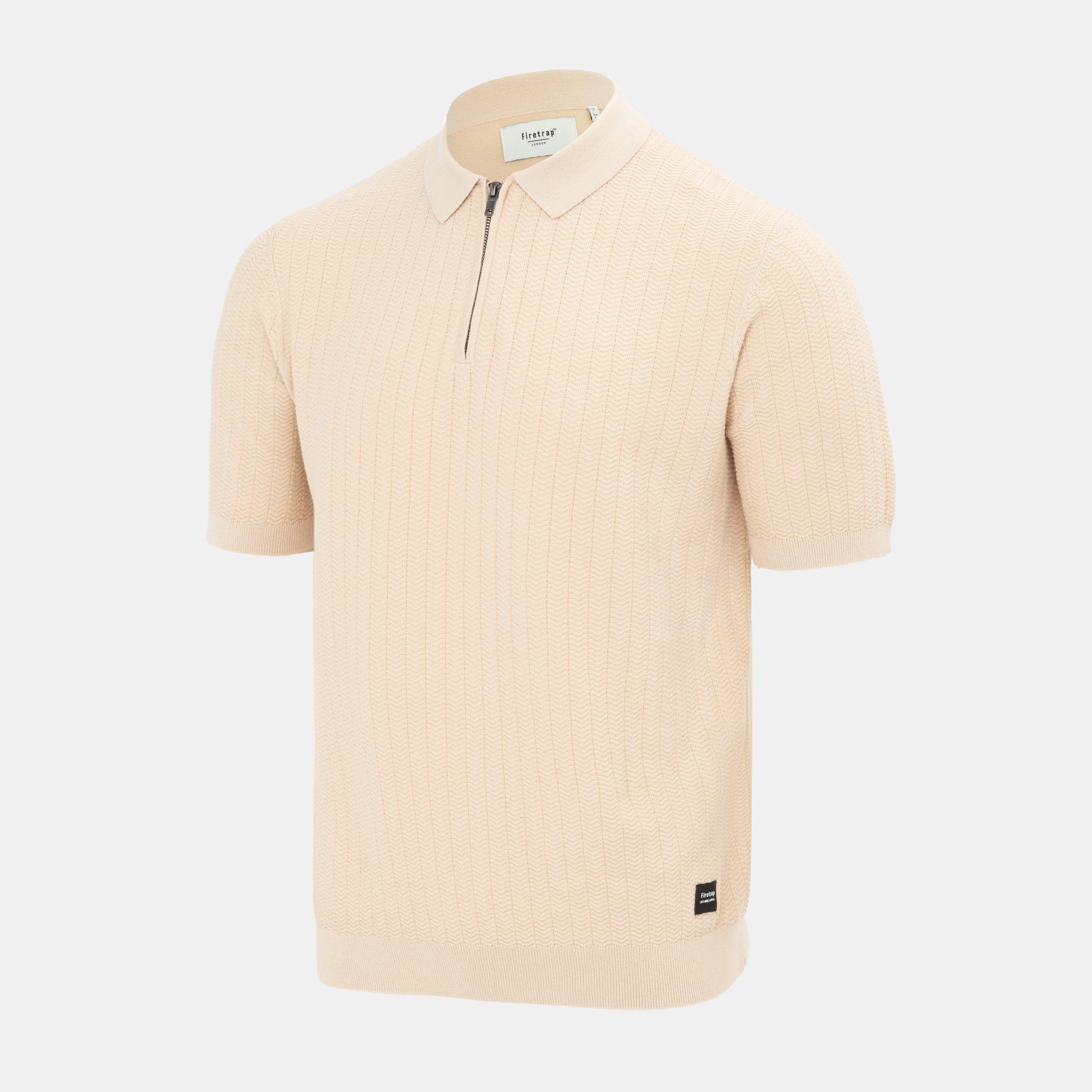 Beige - Firetrap - 1/4 Zip Short Sleeve Ribbed Knit Polo - 3