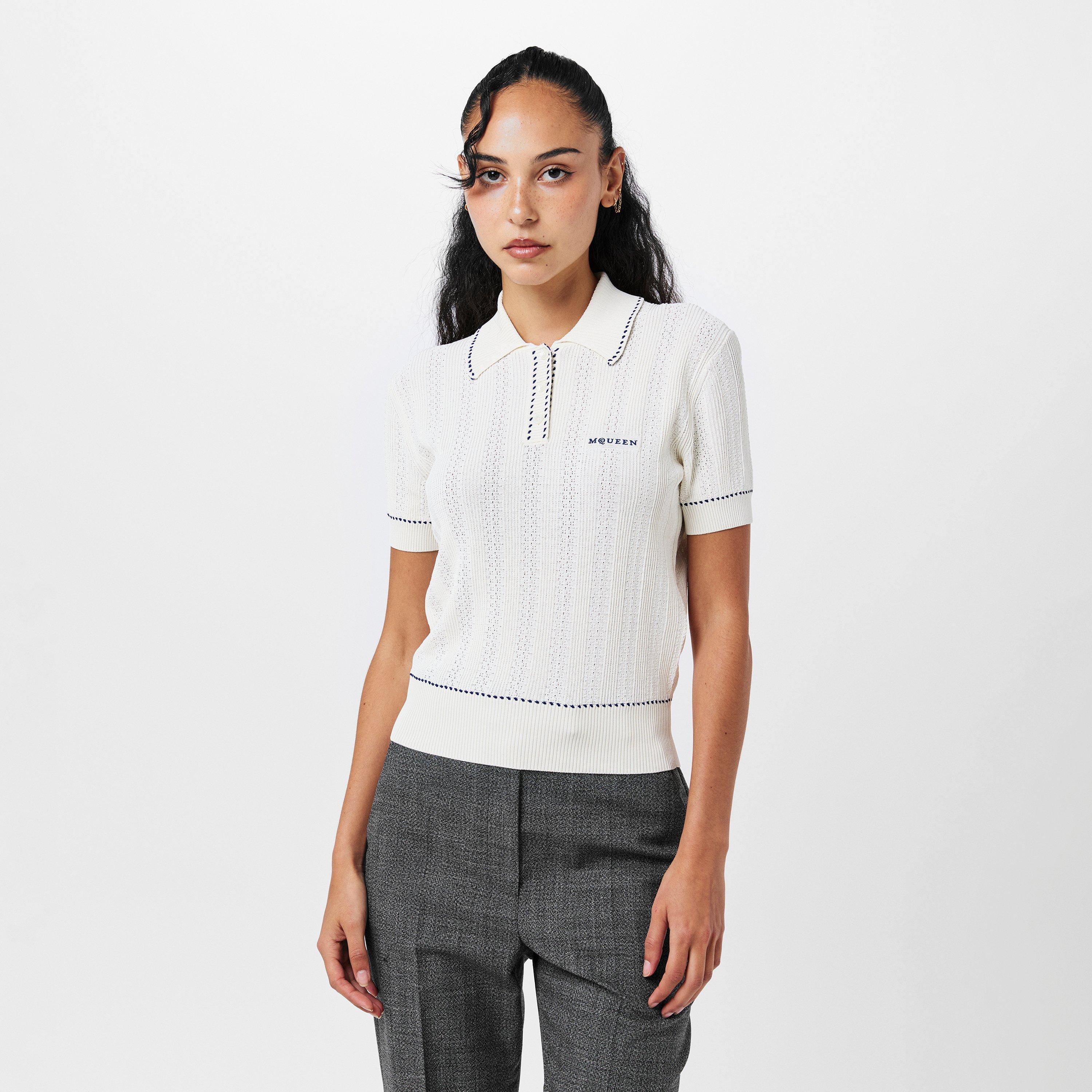Ivory/Blue - Alexander McQueen - Women's Alex Short-Sleeve Polo Shirt - 3