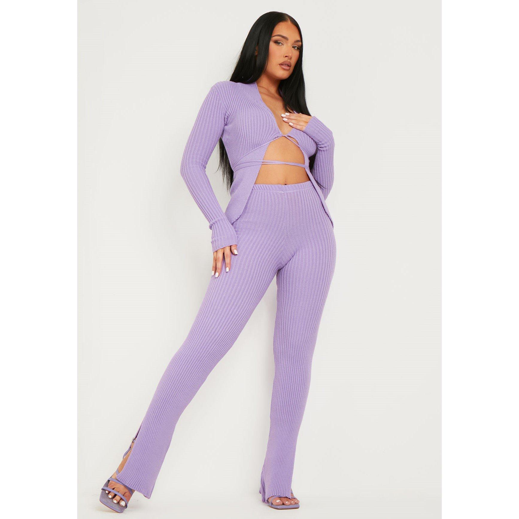 Purple - Missy Empire - Ribbed Knitted Side Split Trouser