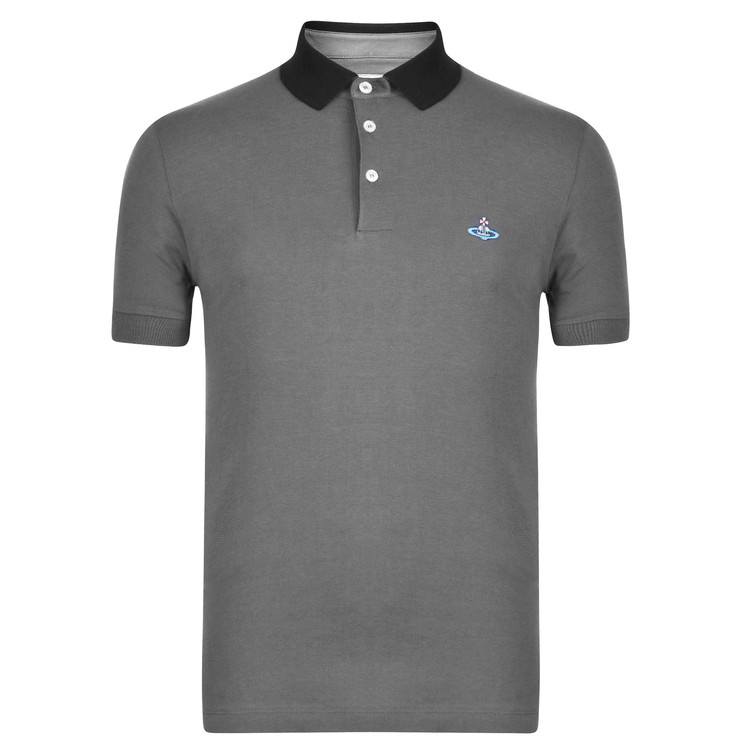 Grey Black - Vivienne Westwood - Men's Plain Cotton Contrasting Collar Polo Shirt - 7