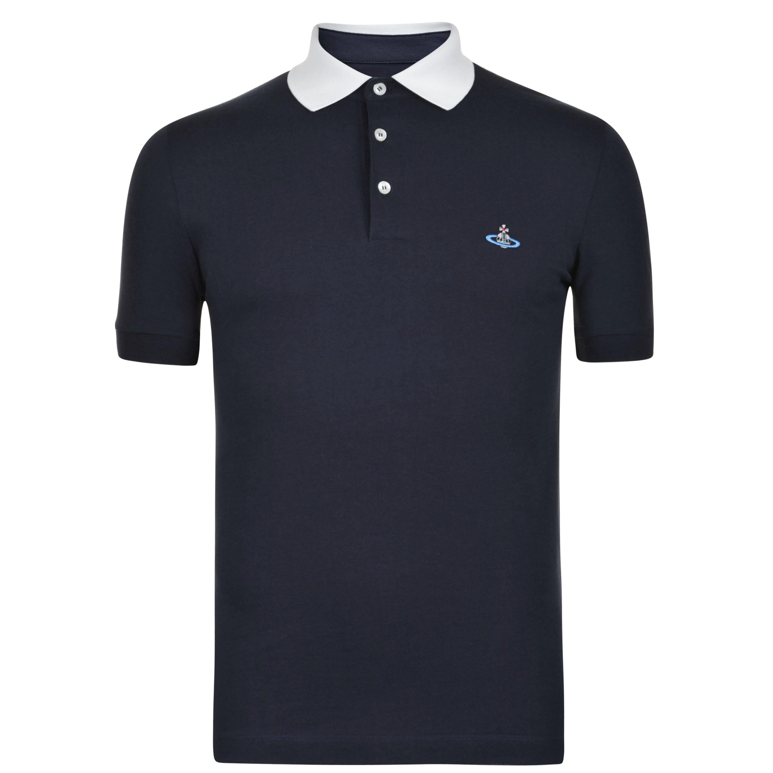 Navy White - Vivienne Westwood - Men's Plain Cotton Contrasting Collar Polo Shirt - 7