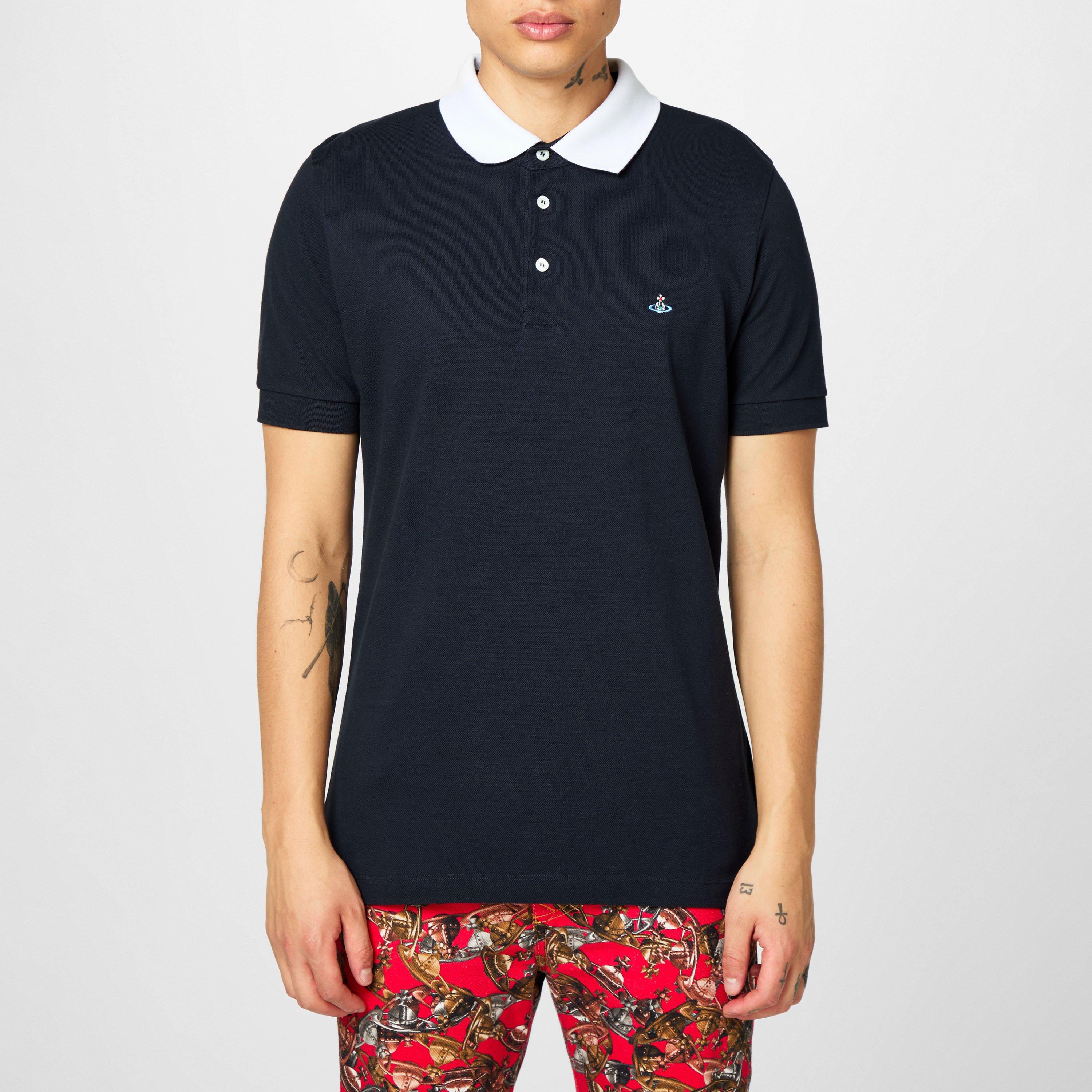 Navy White - Vivienne Westwood - Men's Plain Cotton Contrasting Collar Polo Shirt - 3