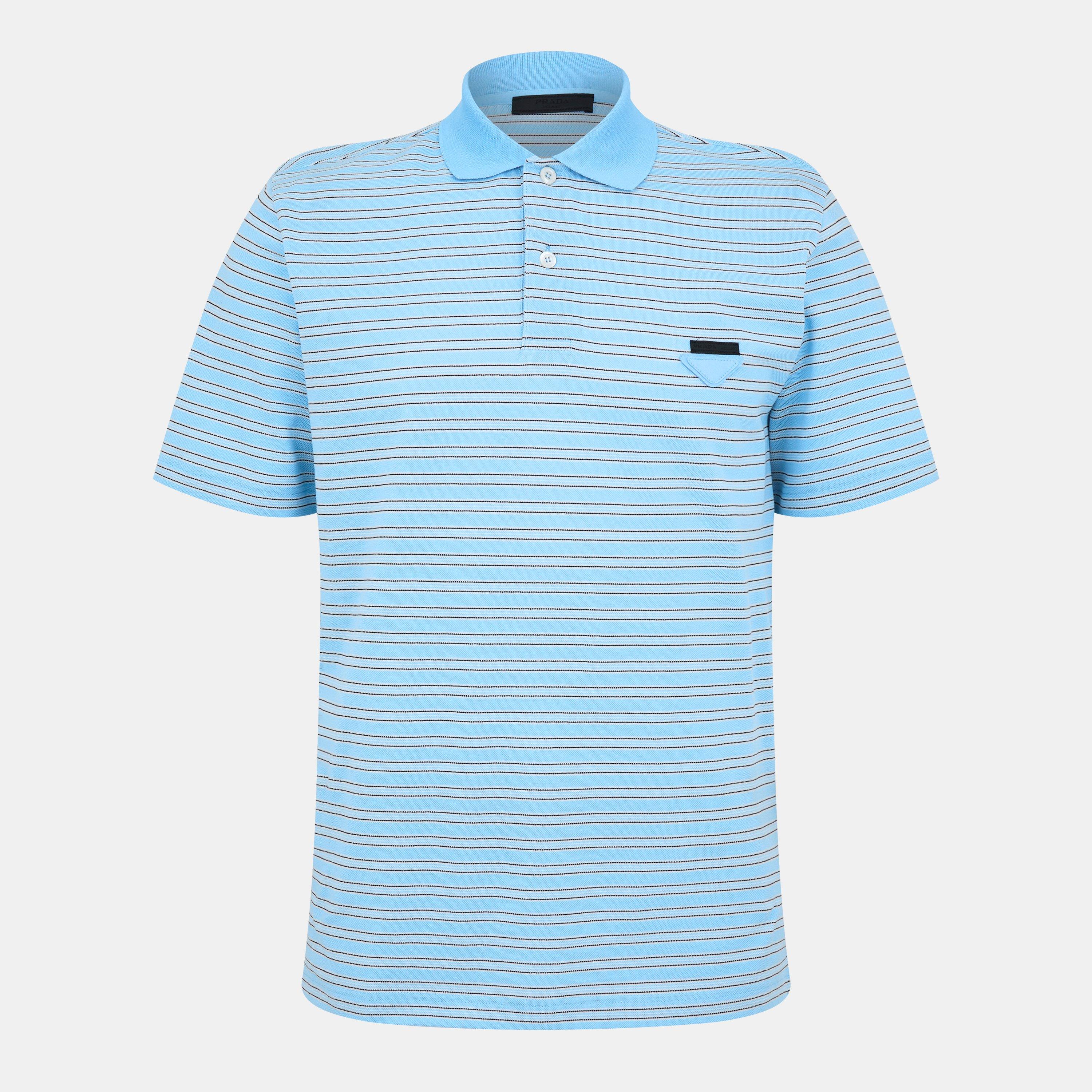Blue - Prada - Men's Striped Cotton Short Sleeve Polo Shirt - 1