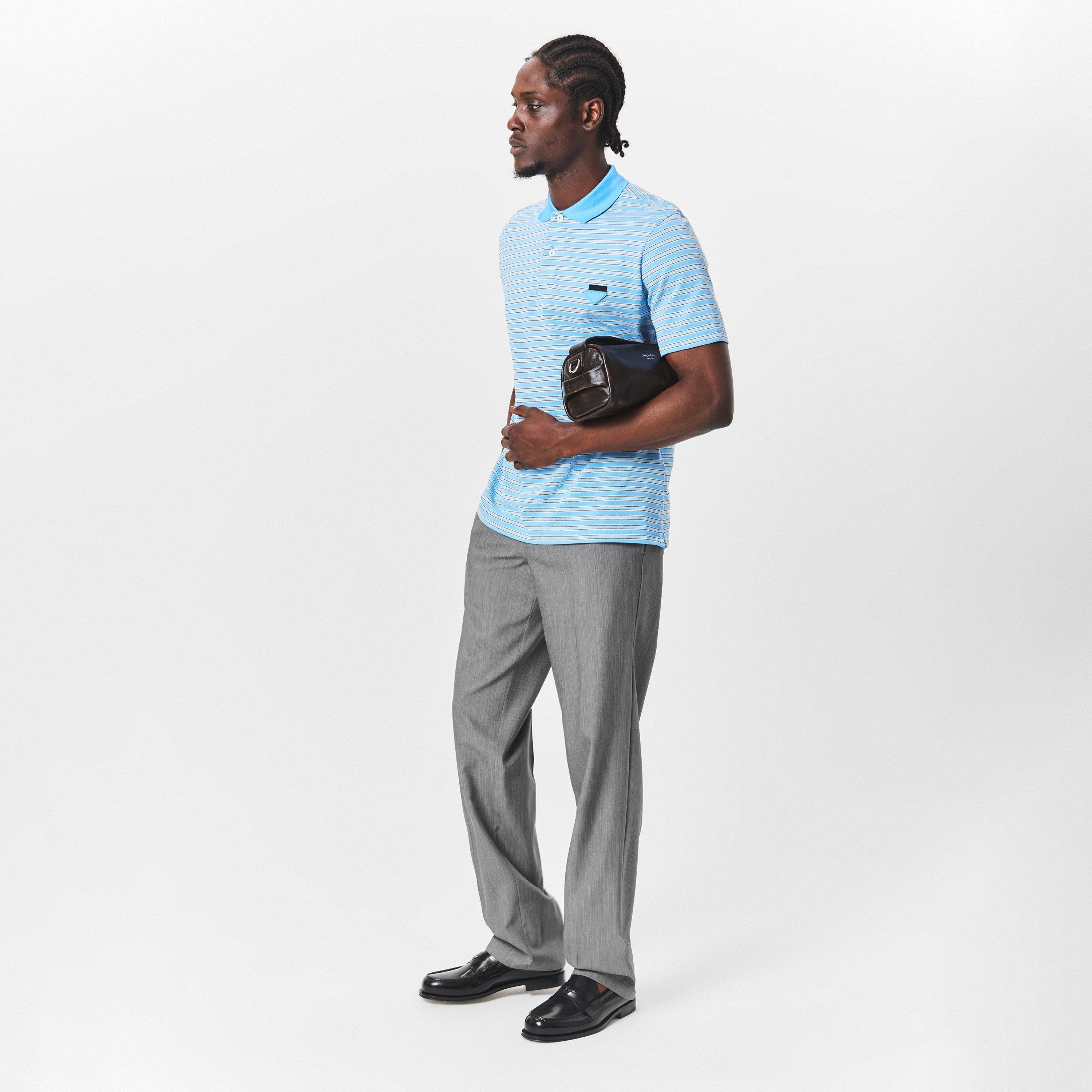 Blue - Prada - Men's Striped Cotton Short-Sleeve Polo Shirt - 6