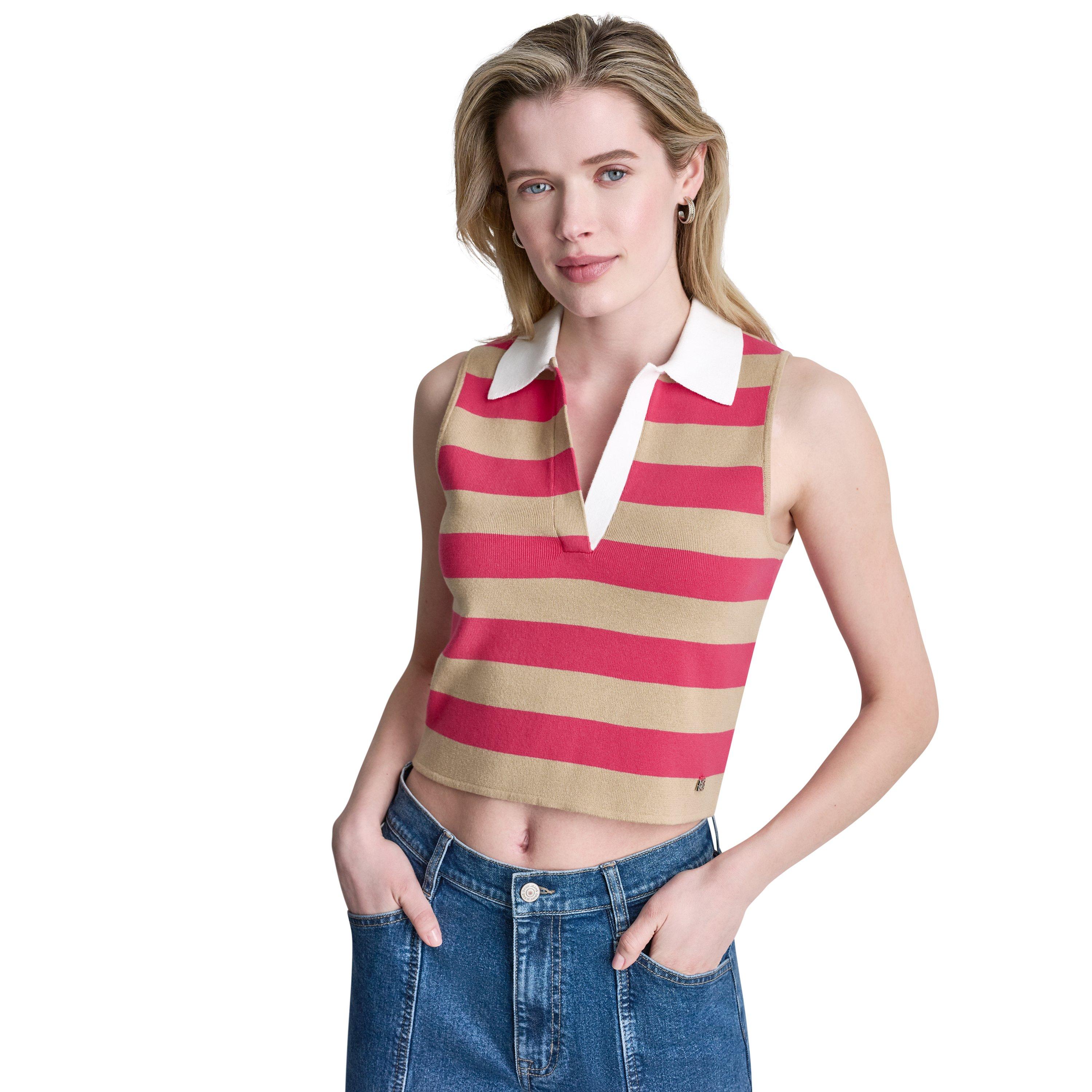 Womens Striped Sleeveless Polo Sweater
