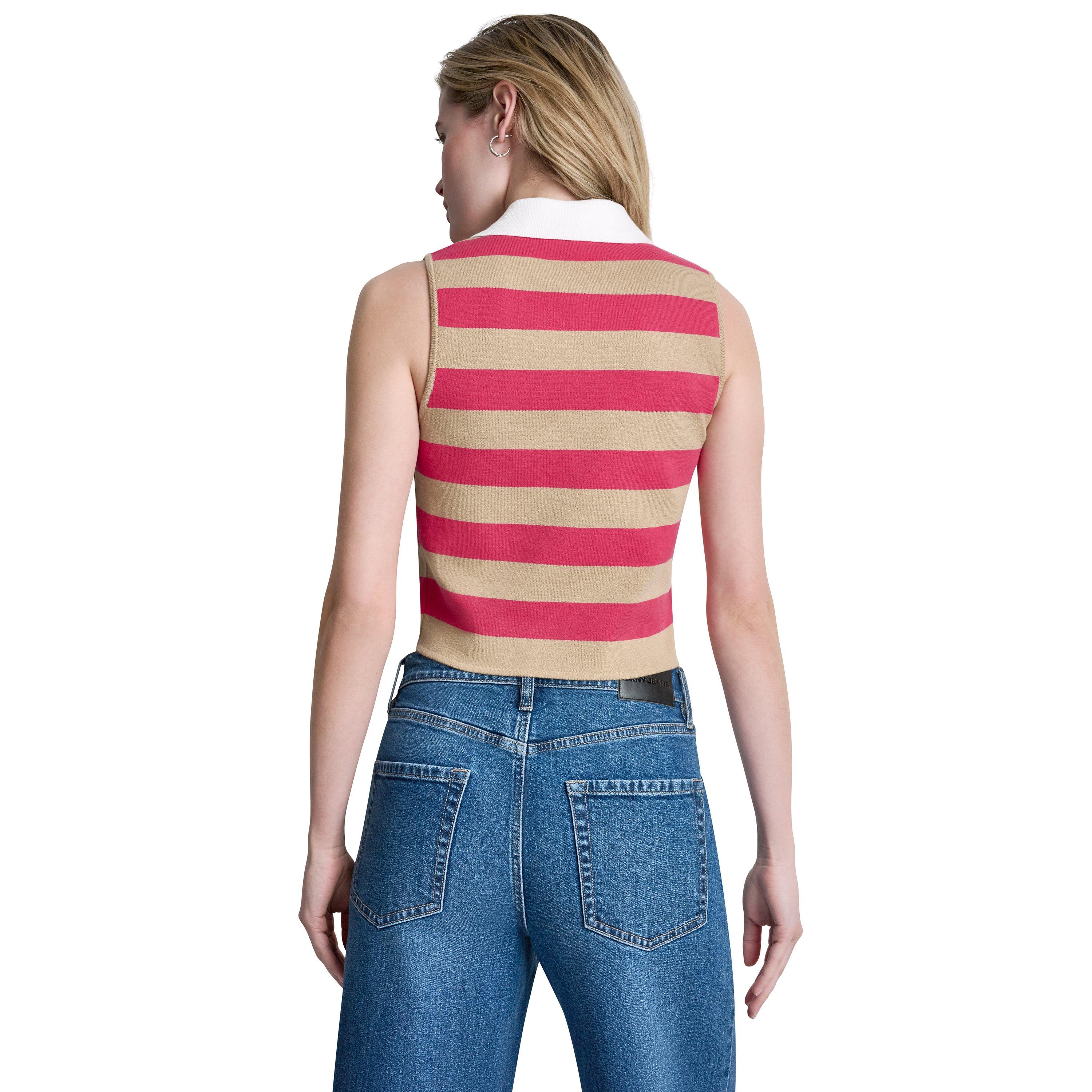 Travt/Punch/Wh - DKNY - Womens Striped Sleeveless Polo Sweater - 3