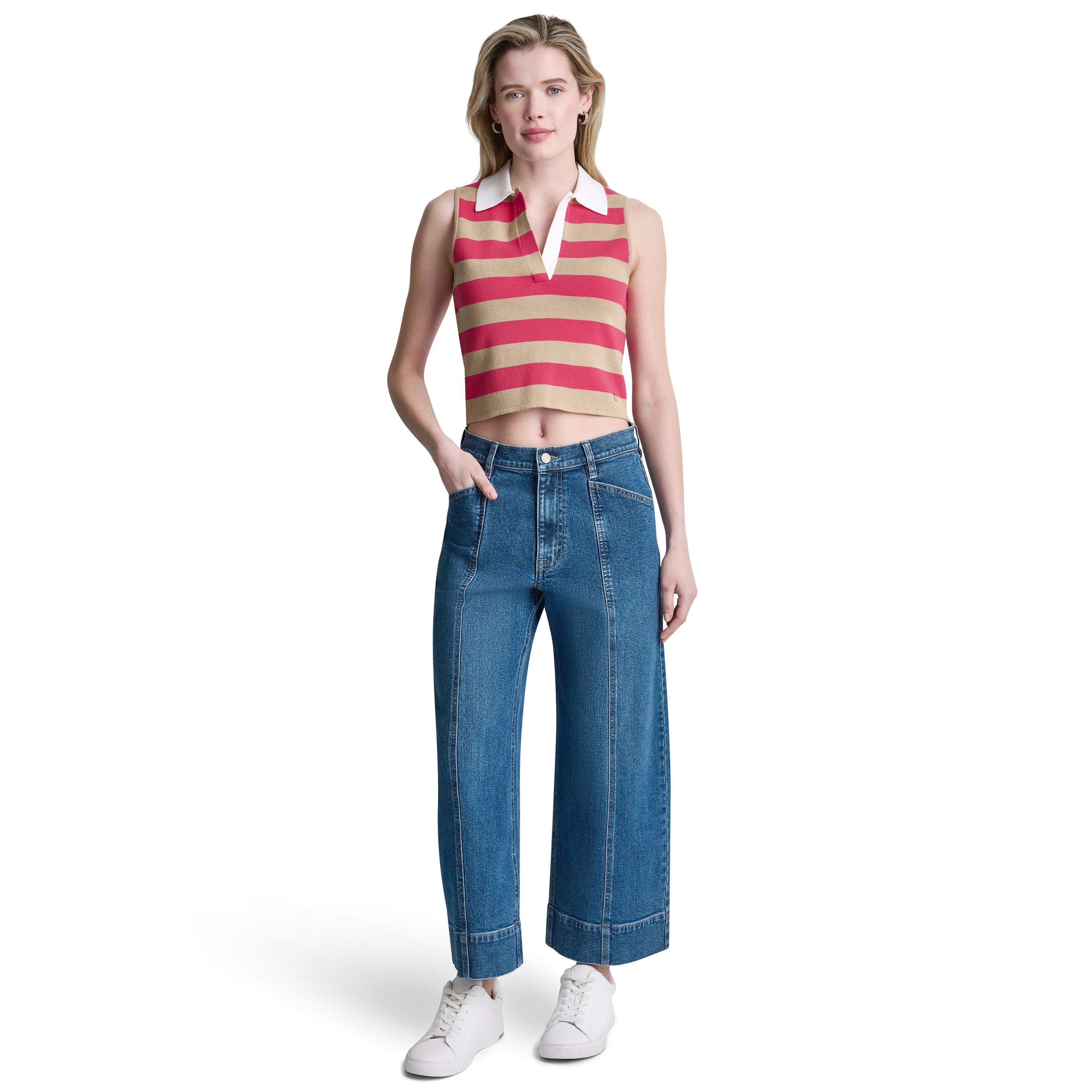 Travt/Punch/Wh - DKNY - Womens Striped Sleeveless Polo Sweater - 4