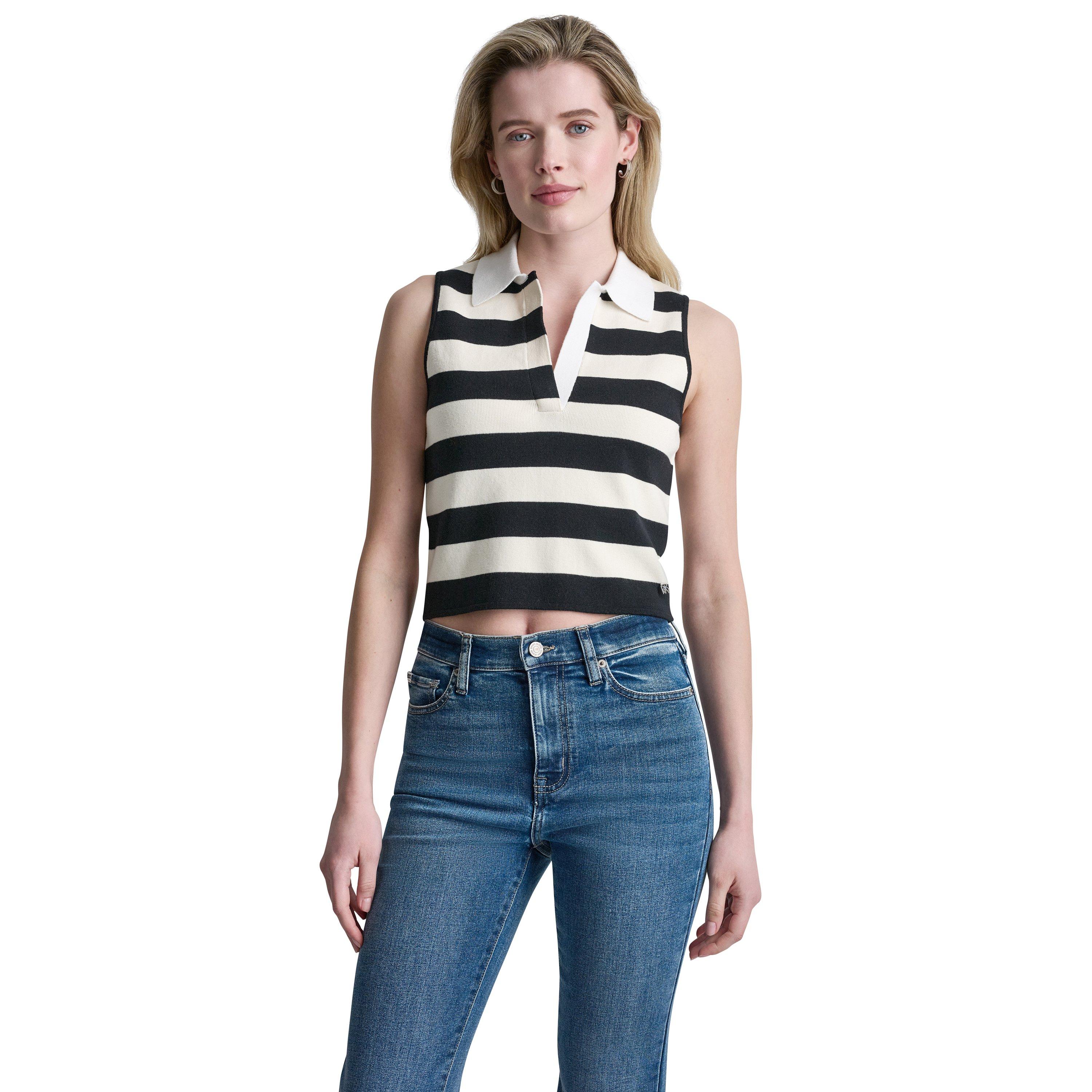 Blck/Eggnog/Wh - DKNY - Womens Striped Sleeveless Polo Sweater - 1