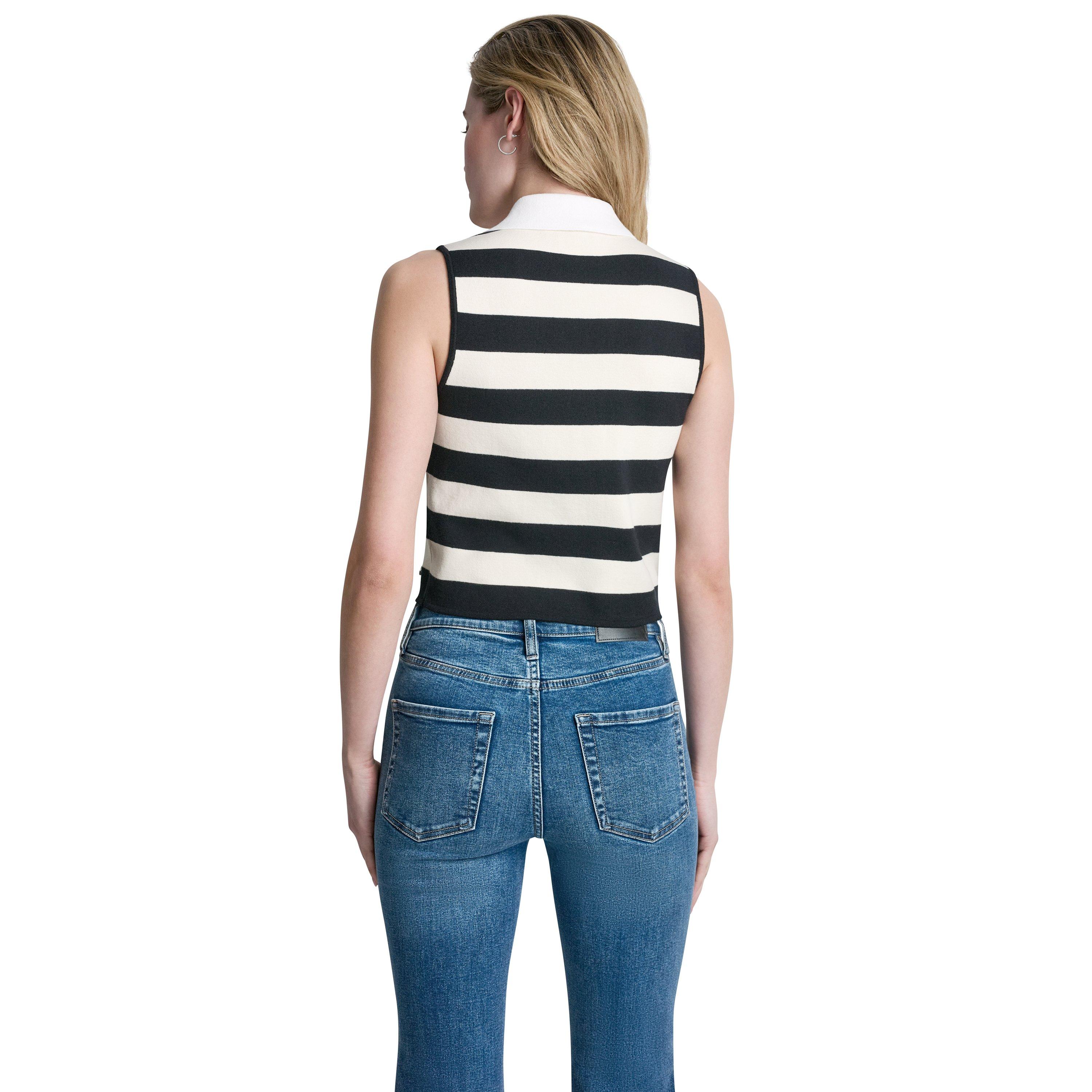 Blck/Eggnog/Wh - DKNY - Womens Striped Sleeveless Polo Sweater - 3