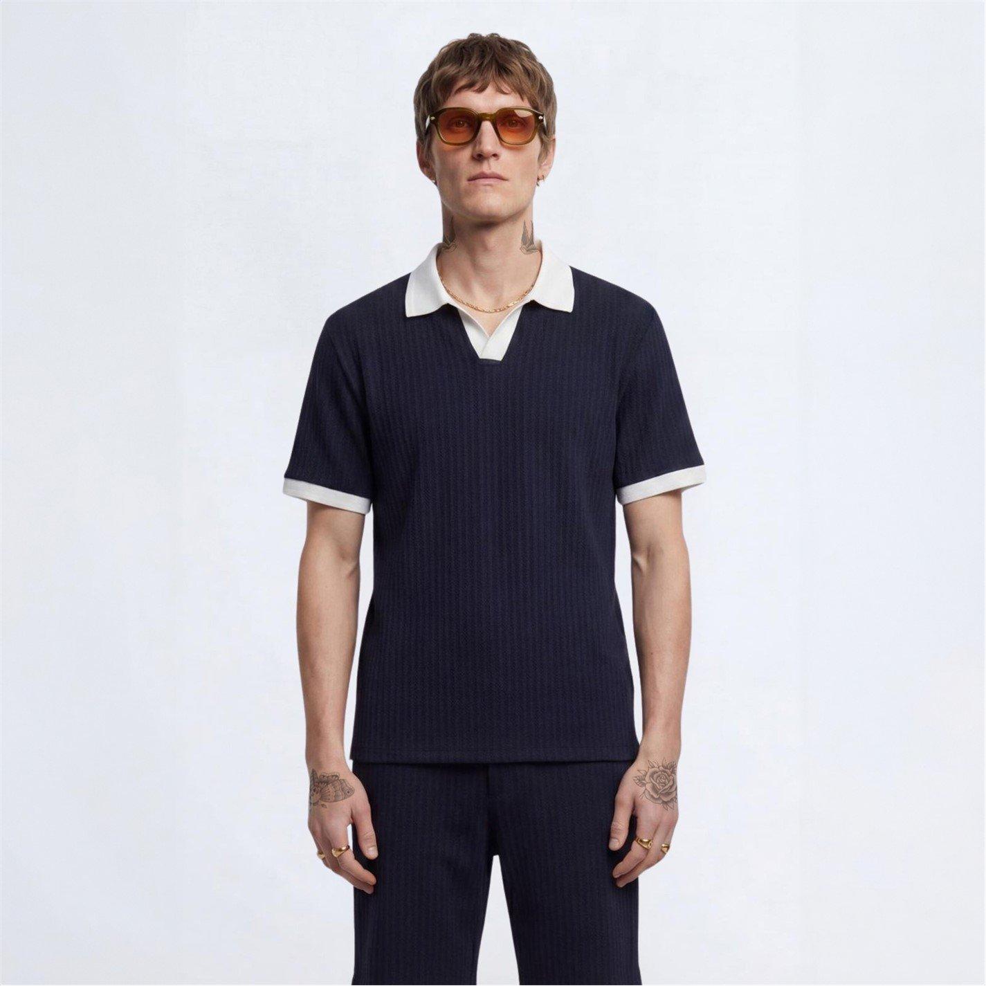Navy - Twisted Tailor - Henry Navy Textured Open Collar Polo - 2