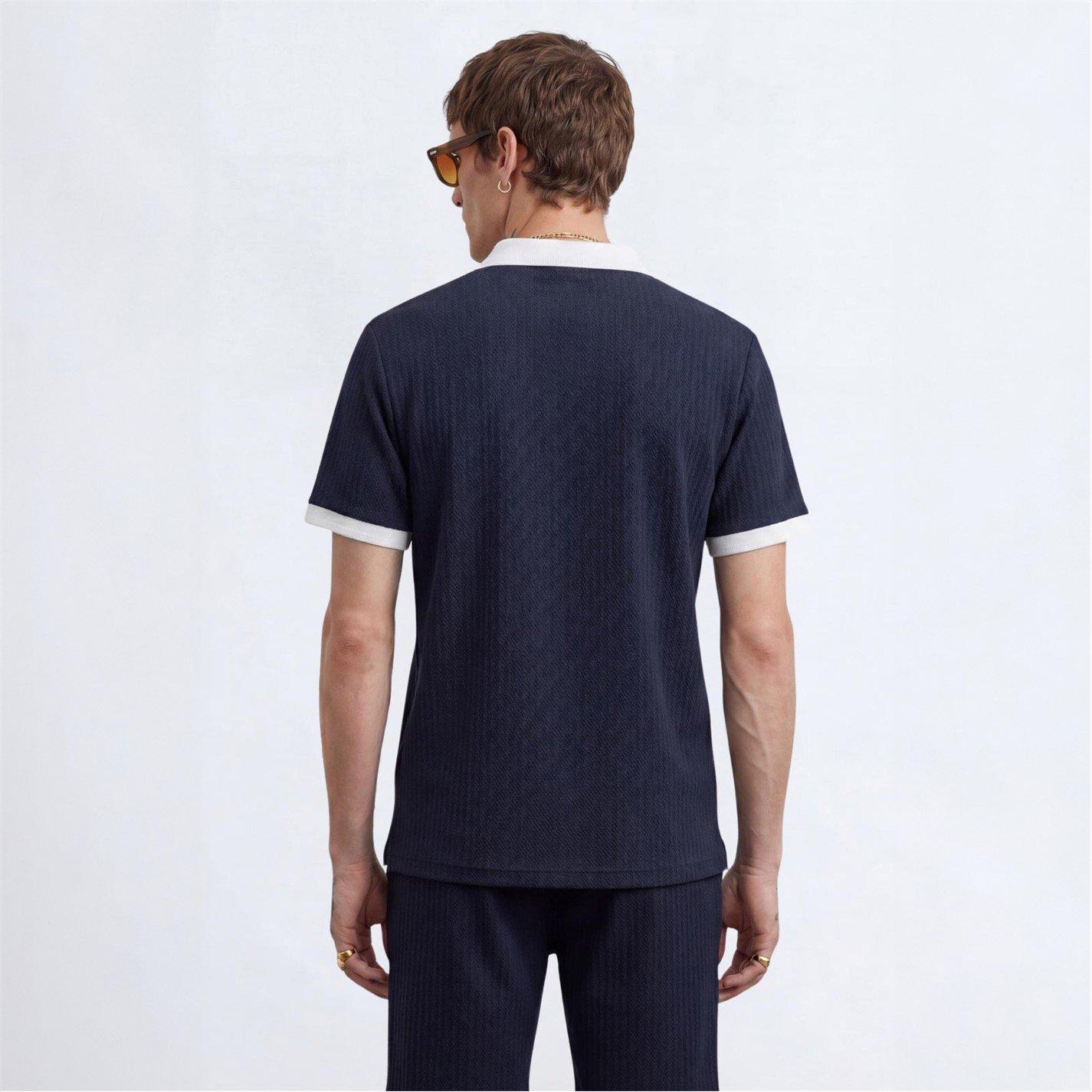 Navy - Twisted Tailor - Henry Navy Textured Open Collar Polo - 3