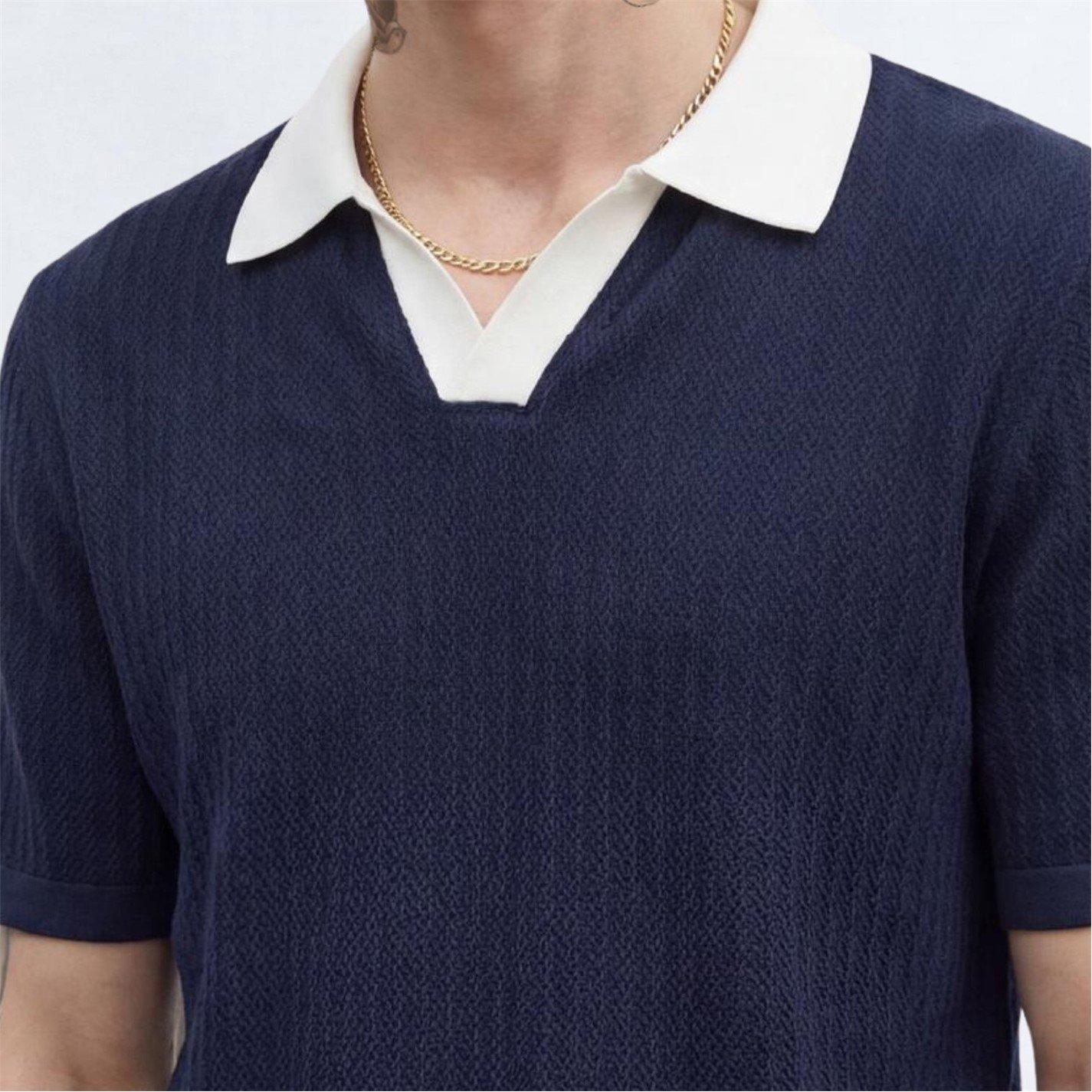 Navy - Twisted Tailor - Henry Navy Textured Open Collar Polo - 4